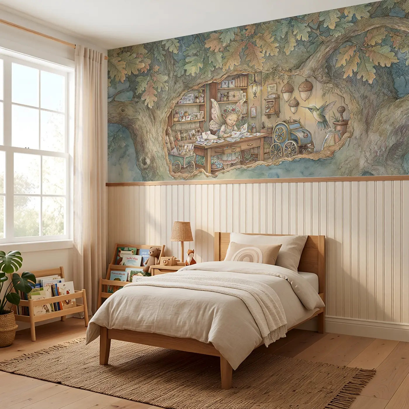 Fairy Post Office Oak Wainscoting Wallpaper styled in a kids bedroom by Whimsy Tots