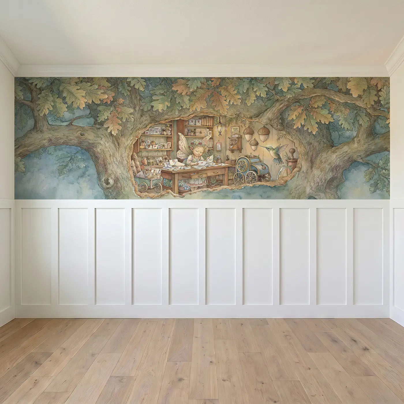 Full panel view of Fairy Post Office Oak Wainscoting Wallpaper by Whimsy Tots