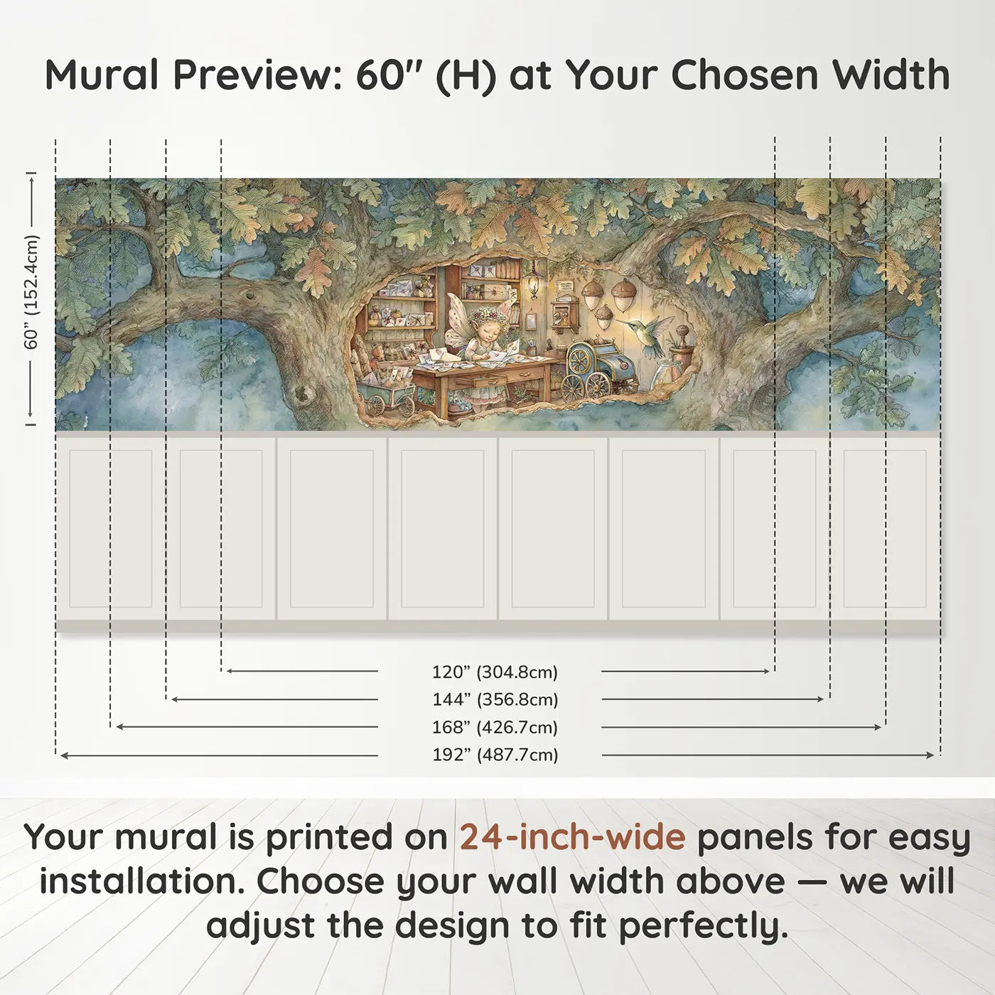 Panel dimensions for Fairy Post Office Oak Wainscoting Wallpaper by Whimsy Tots