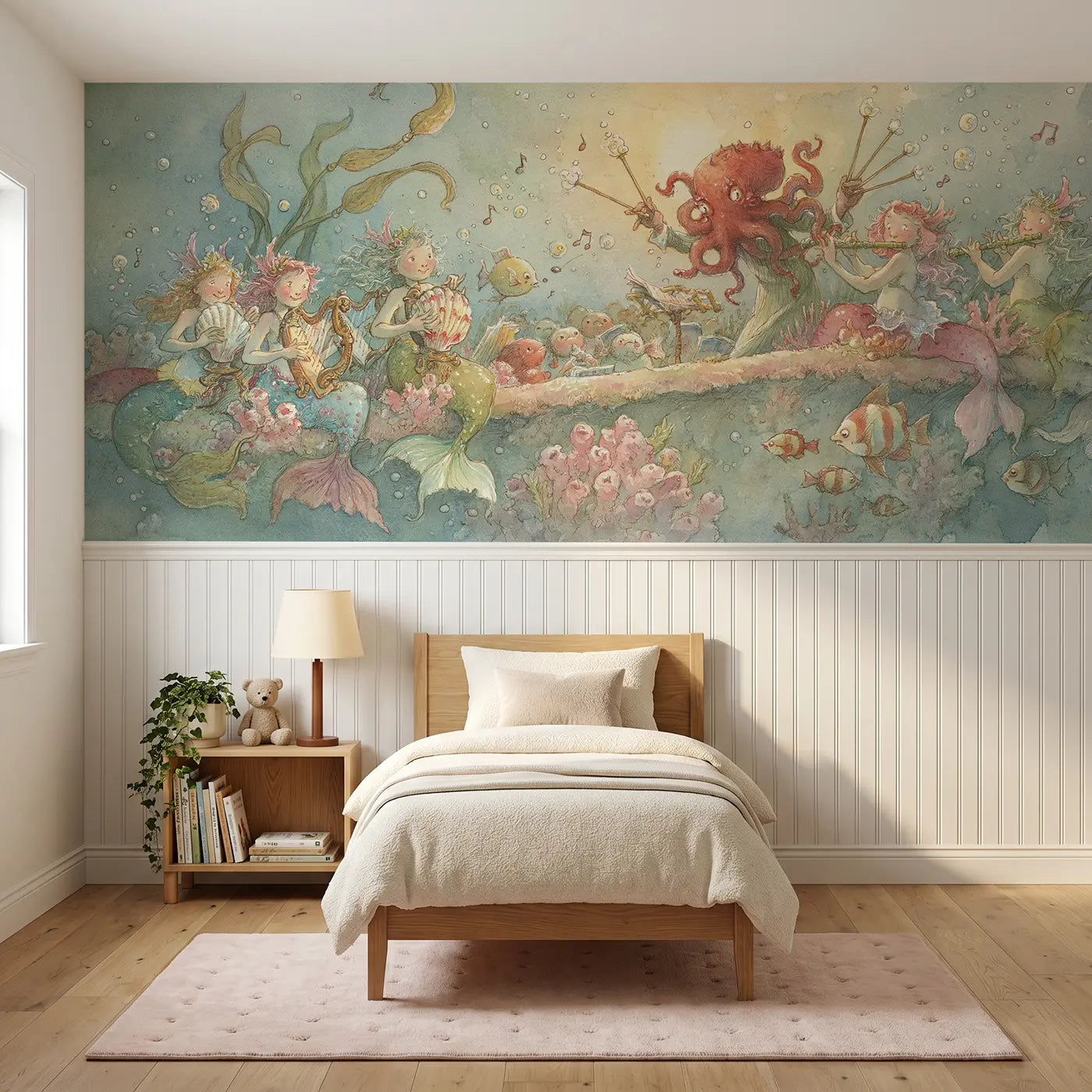 Storybook mermaid music sea concert wainscoting wallpaper for bedroom by Whimsy Tots