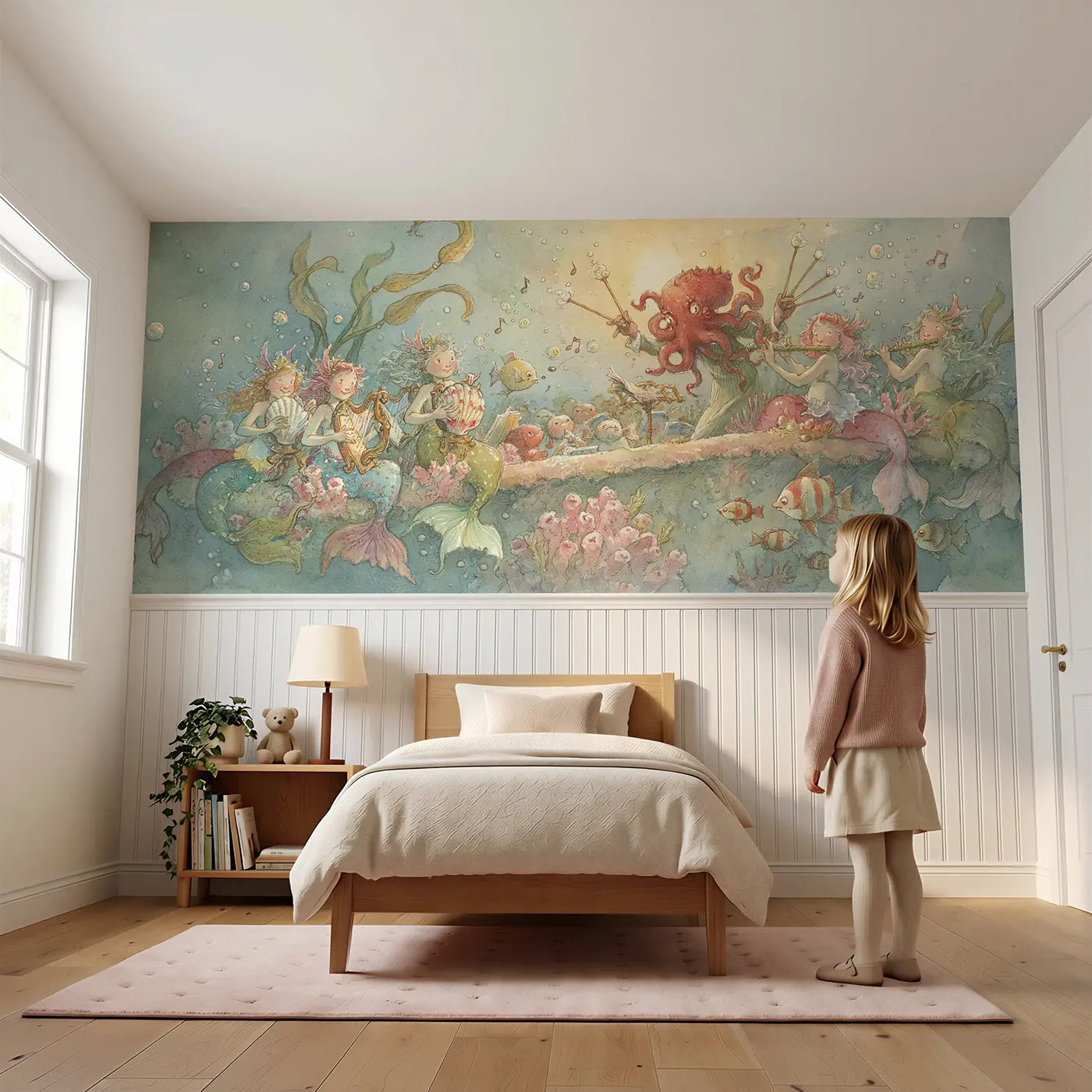 Child reading near Mermaid Music Sea Concert Wainscoting Wallpaper by Whimsy Tots