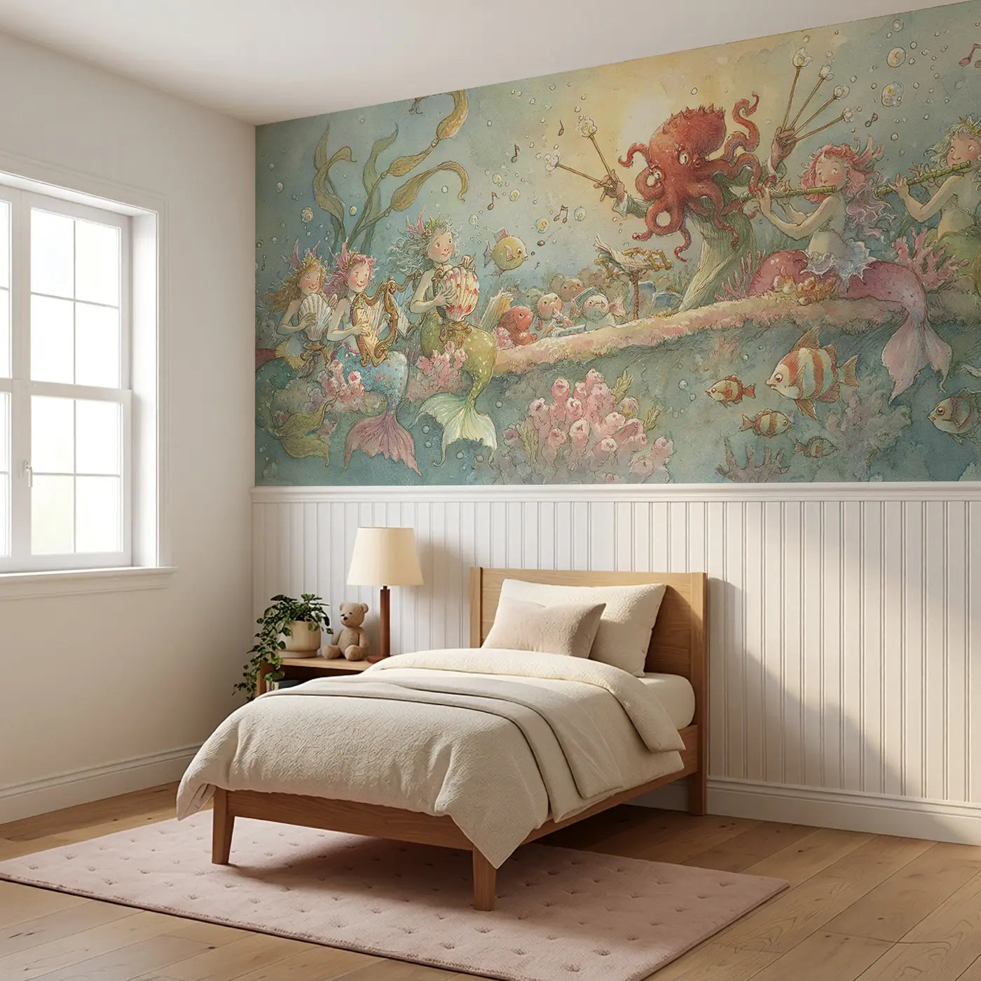 Mermaid Music Sea Concert Wainscoting Wallpaper styled in a kids bedroom by Whimsy Tots