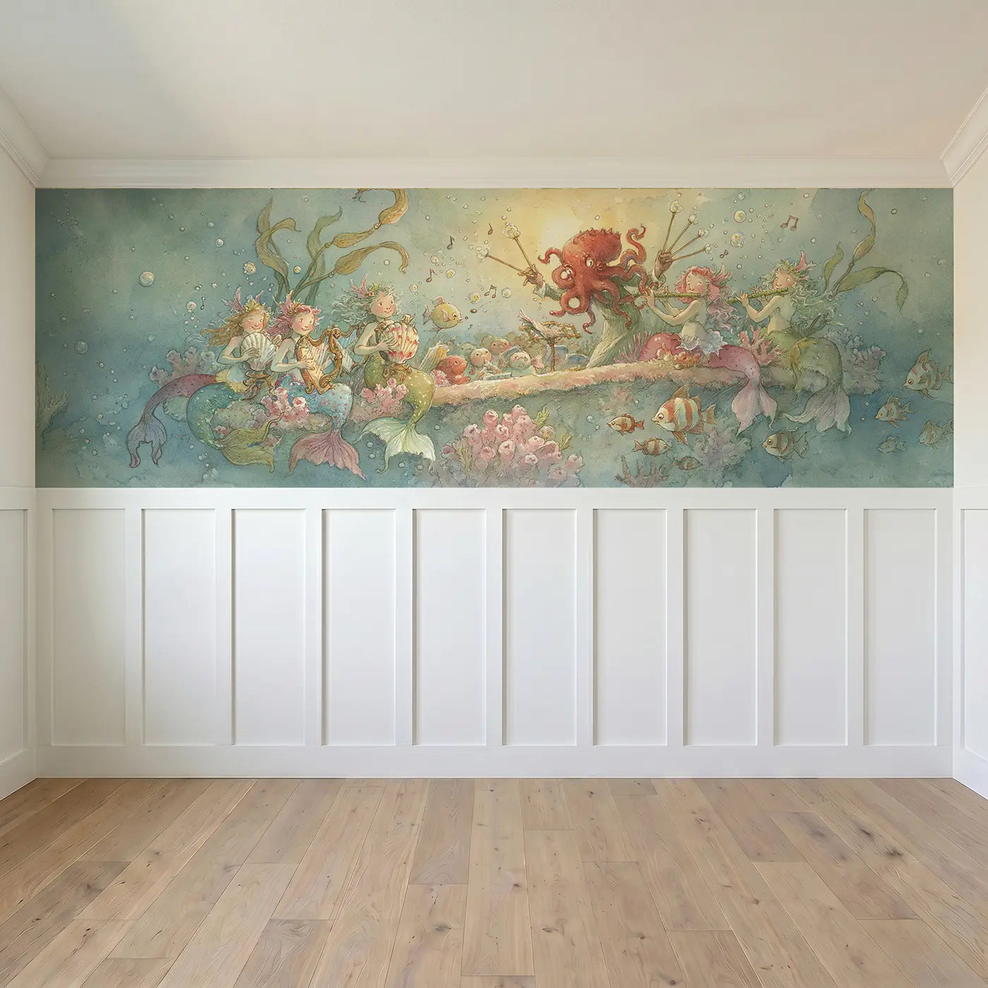 Full panel view of Mermaid Music Sea Concert Wainscoting Wallpaper by Whimsy Tots