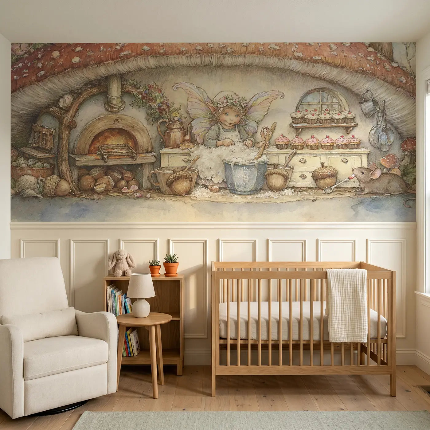Storybook fairy baking day kitchen wainscoting wallpaper for nursery by Whimsy Tots