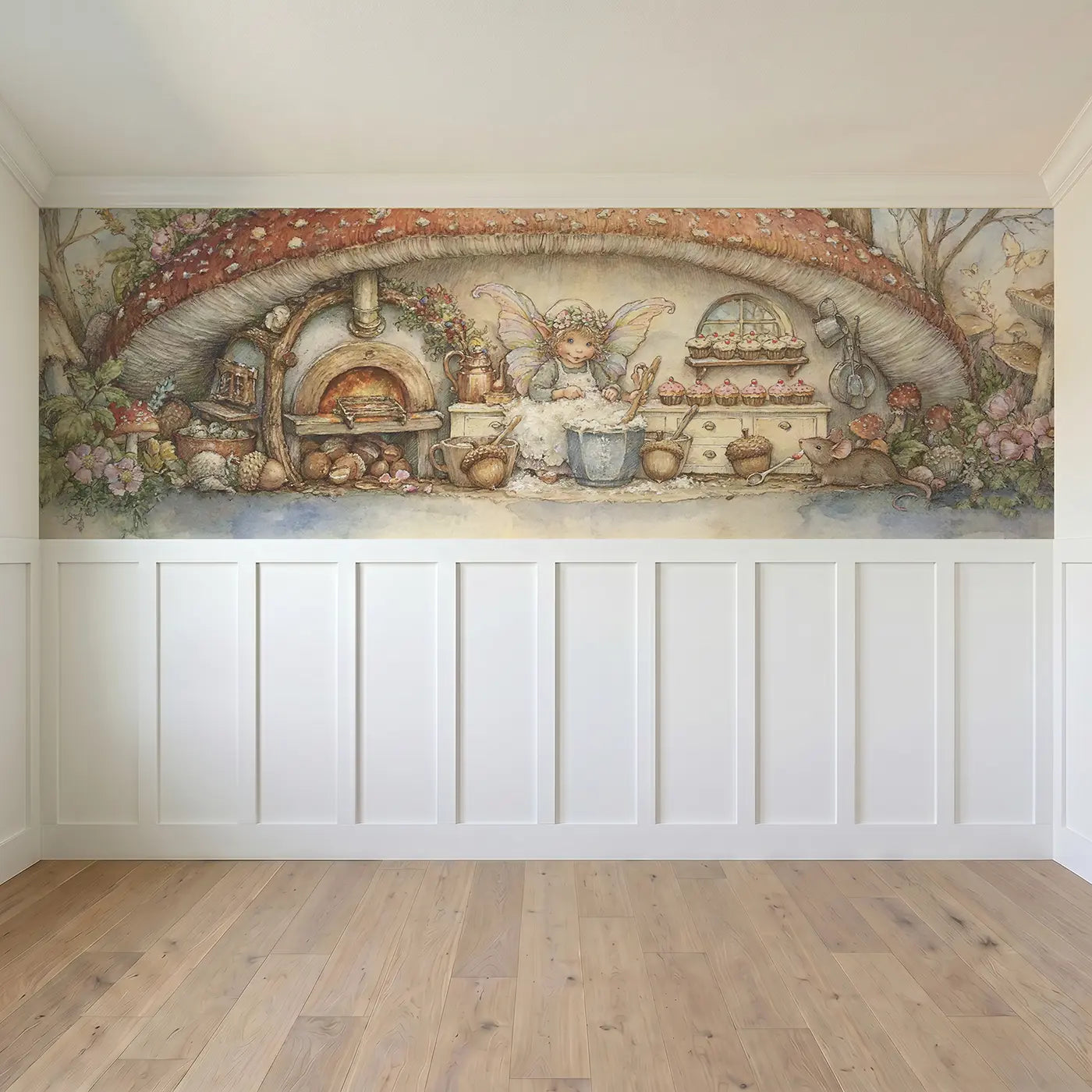 Full panel view of Fairy Baking Day Kitchen Wainscoting Wallpaper by Whimsy Tots