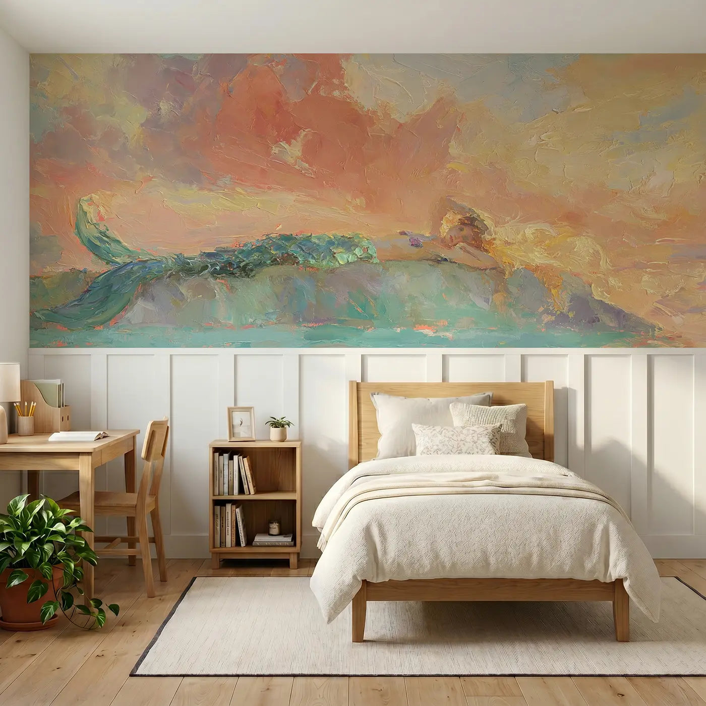 Painted Landscape mermaid lagoon sunset oil wainscoting wallpaper for bedroom by Whimsy Tots