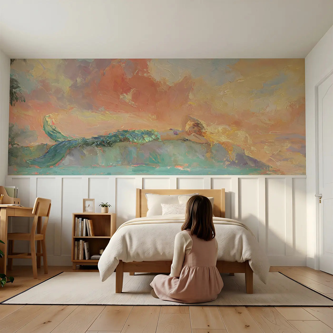 Child reading near Mermaid Lagoon Sunset Oil Wainscoting Wallpaper by Whimsy Tots