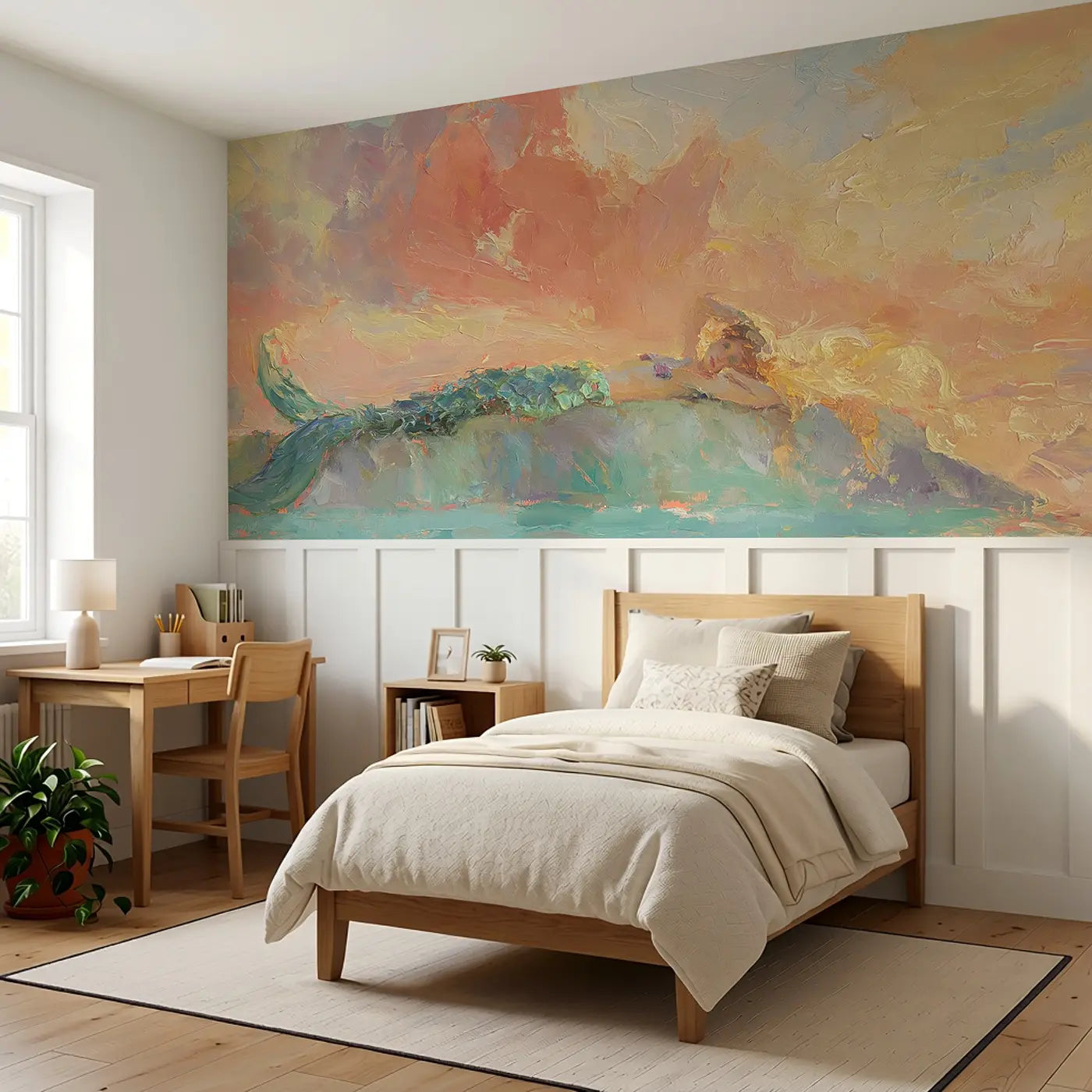 Mermaid Lagoon Sunset Oil Wainscoting Wallpaper styled in a kids bedroom by Whimsy Tots
