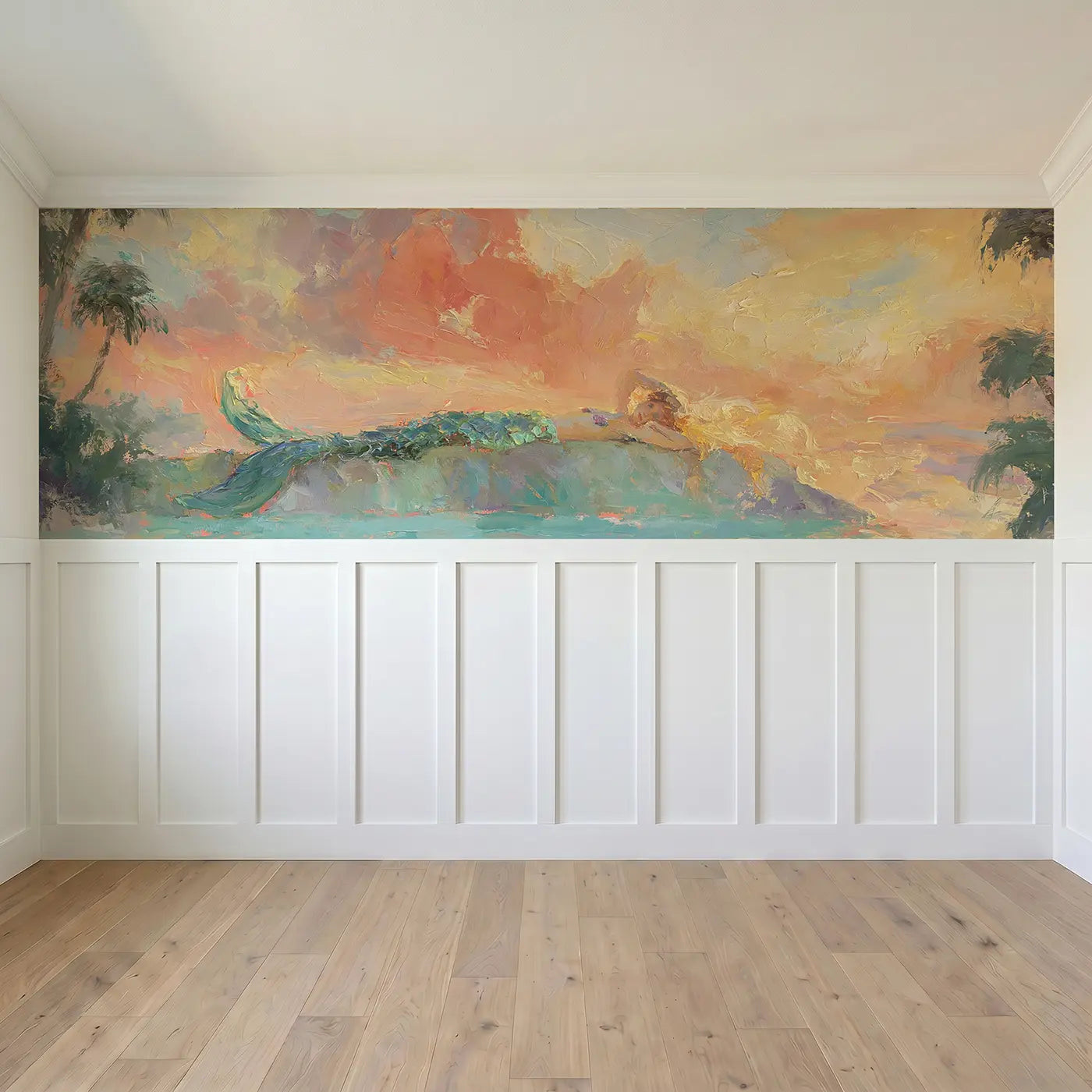 Full panel view of Mermaid Lagoon Sunset Oil Wainscoting Wallpaper by Whimsy Tots
