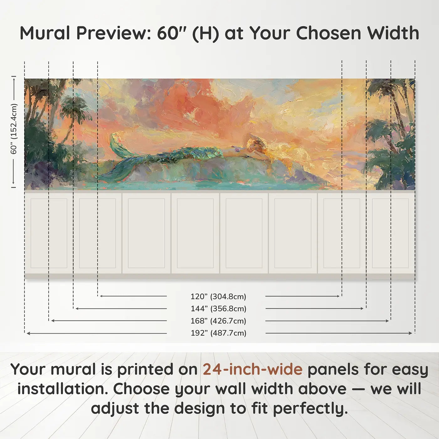 Panel dimensions for Mermaid Lagoon Sunset Oil Wainscoting Wallpaper by Whimsy Tots