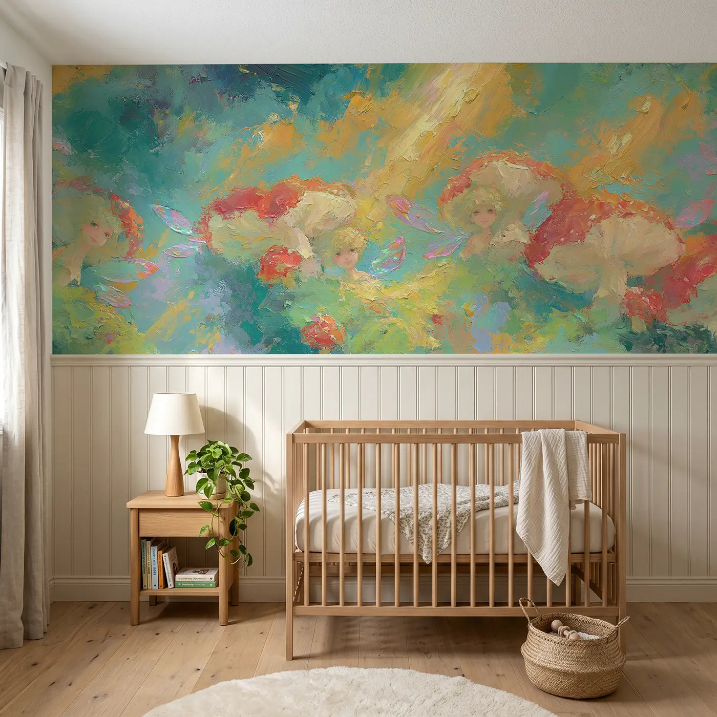 Painted Landscape fairy forest mushroom oil wainscoting wallpaper for nursery by Whimsy Tots