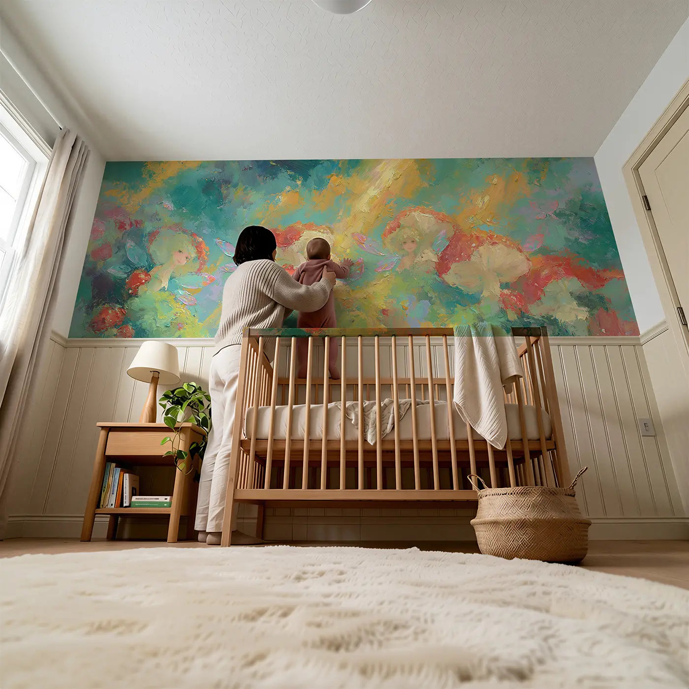 Child reading near Fairy Forest Mushroom Oil Wainscoting Wallpaper by Whimsy Tots