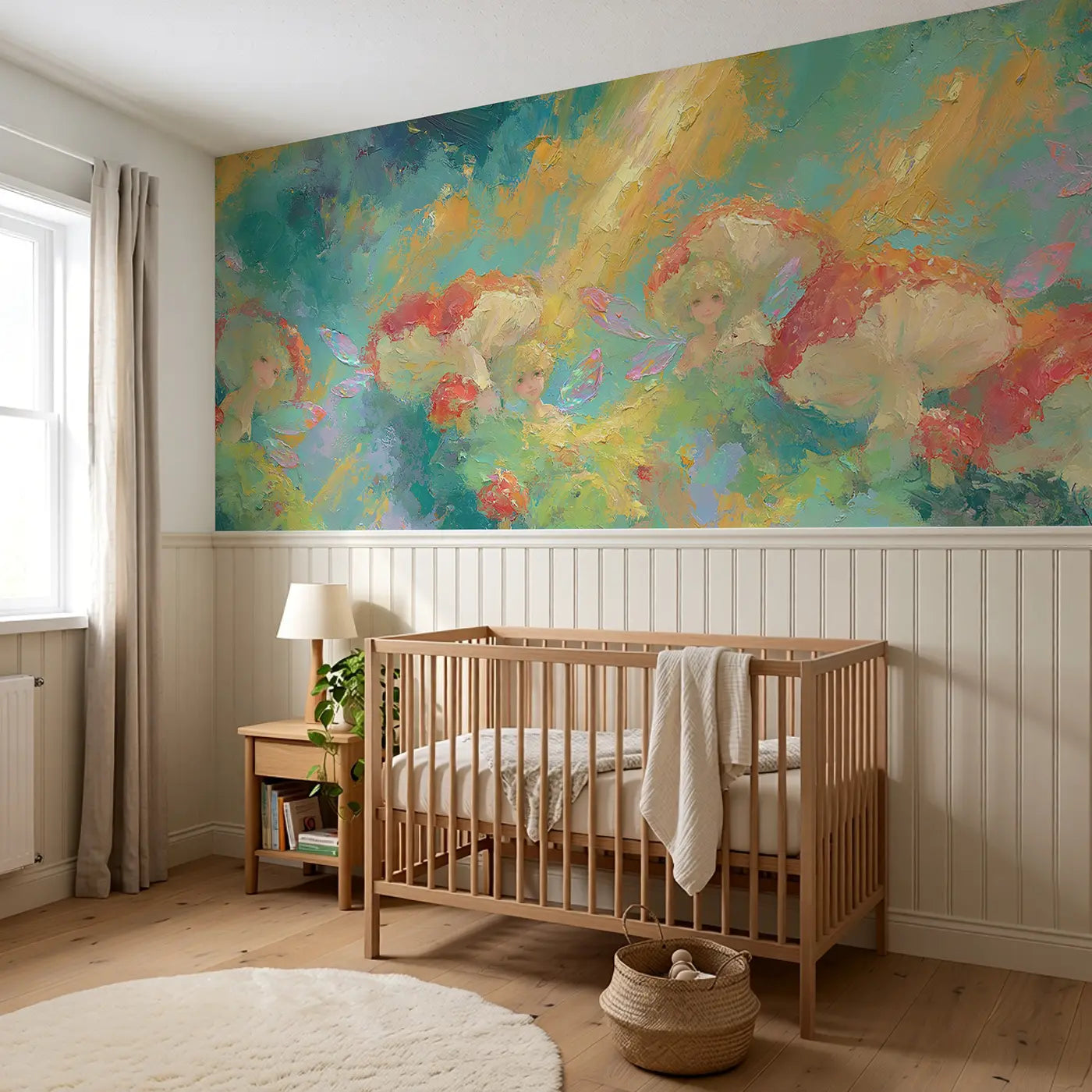 Fairy Forest Mushroom Oil Wainscoting Wallpaper styled in a kids bedroom by Whimsy Tots