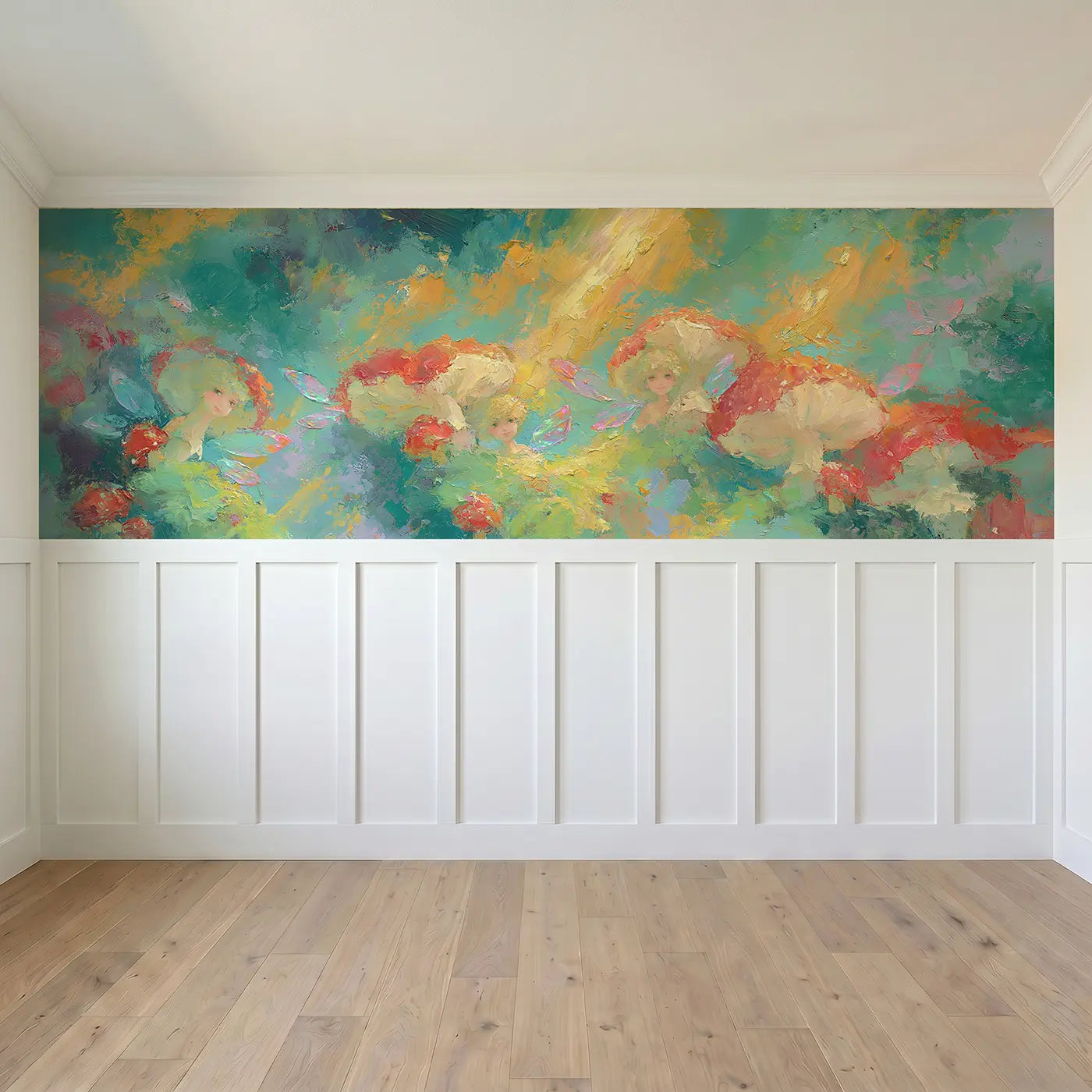 Full panel view of Fairy Forest Mushroom Oil Wainscoting Wallpaper by Whimsy Tots