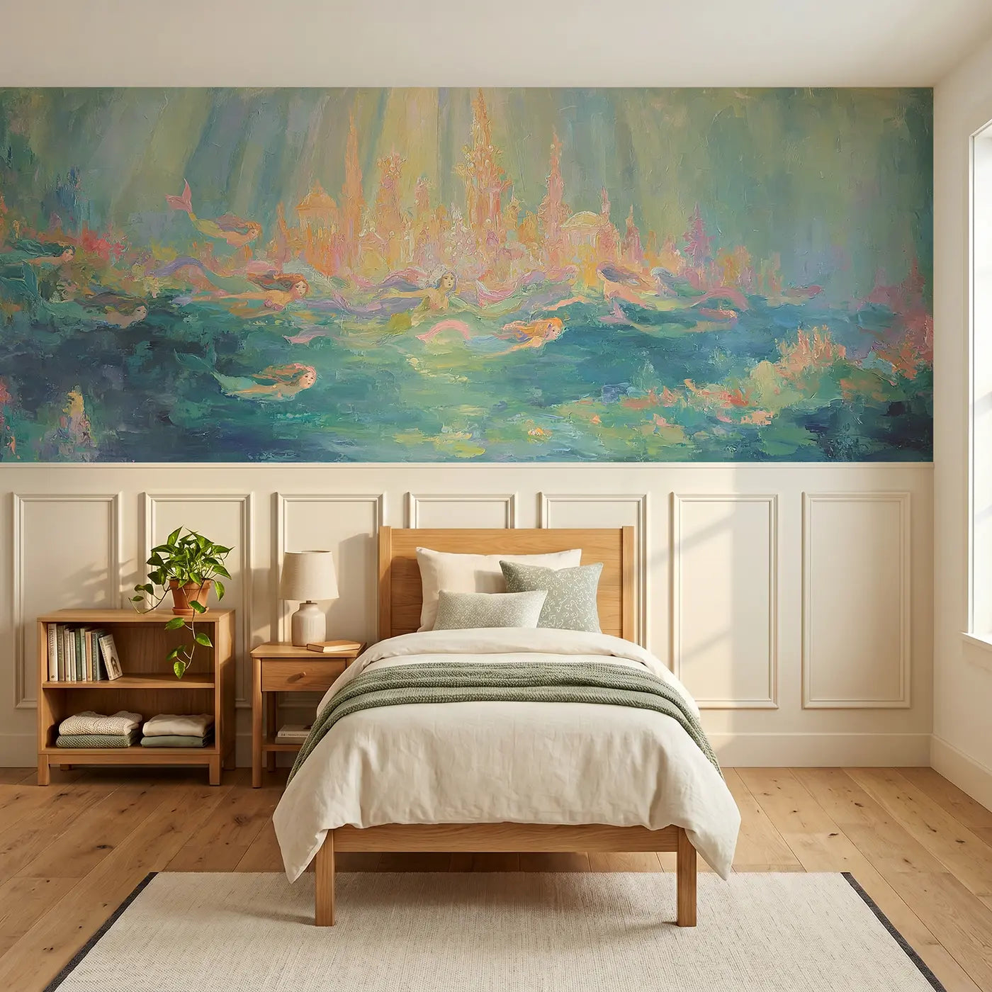 Painted Landscape underwater mermaid city wainscoting wallpaper for bedroom by Whimsy Tots