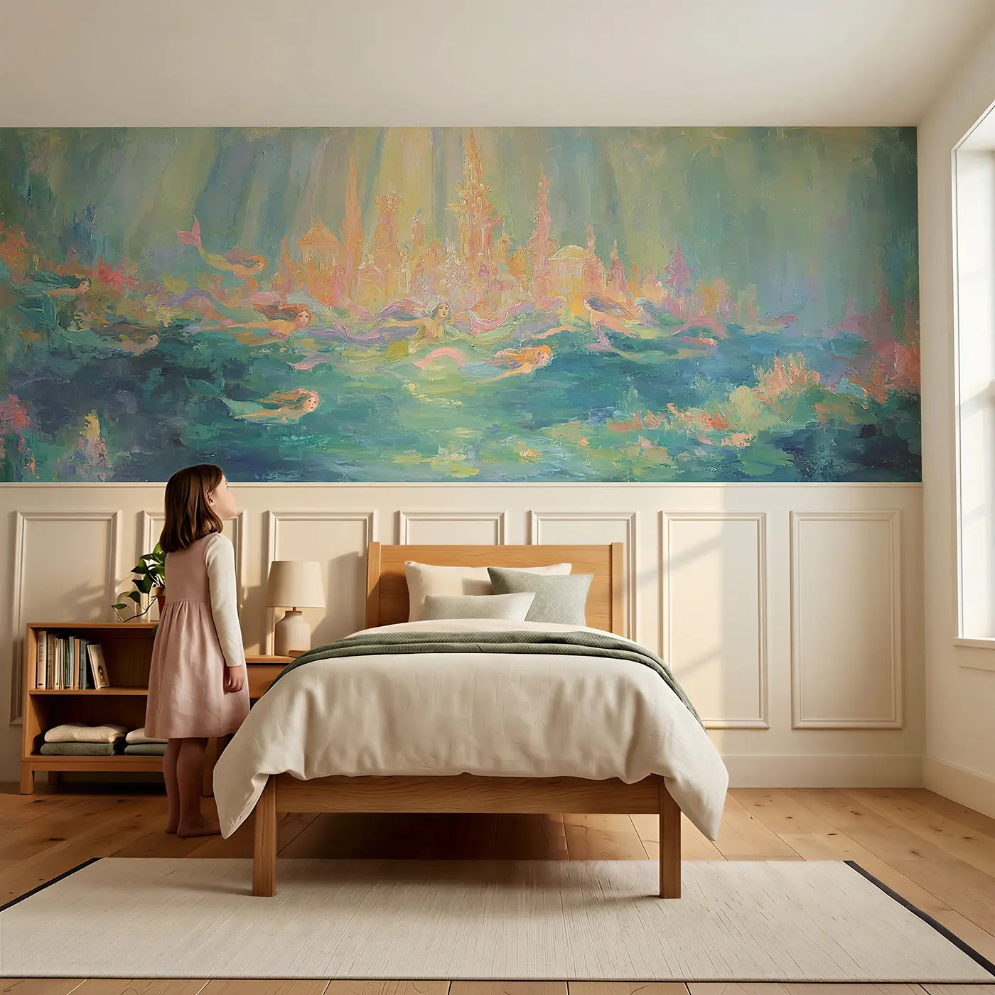 Child reading near Underwater Mermaid City Wainscoting Wallpaper by Whimsy Tots