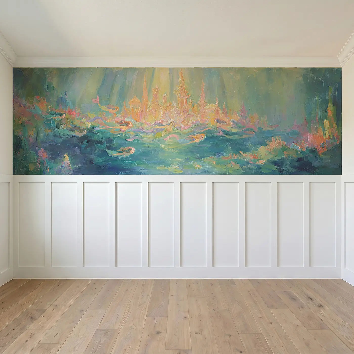 Full panel view of Underwater Mermaid City Wainscoting Wallpaper by Whimsy Tots