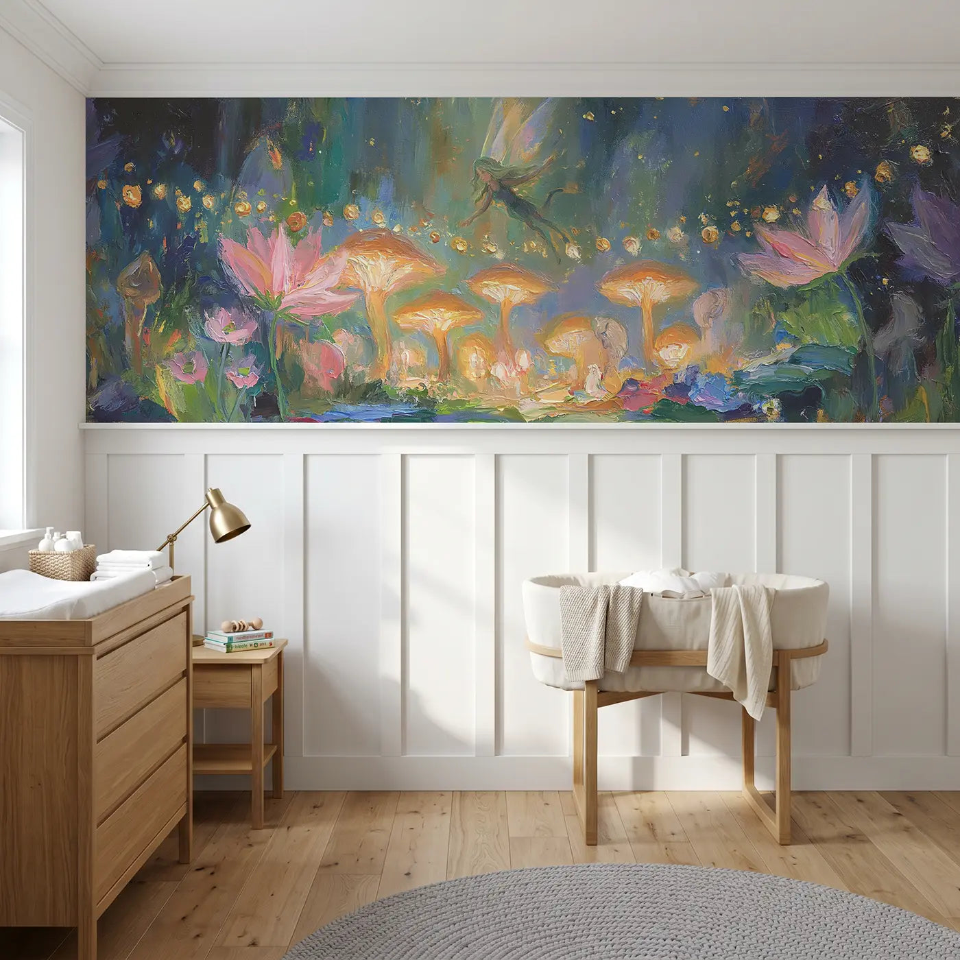 Painted Landscape fairy garden night oil wainscoting wallpaper for nursery by Whimsy Tots