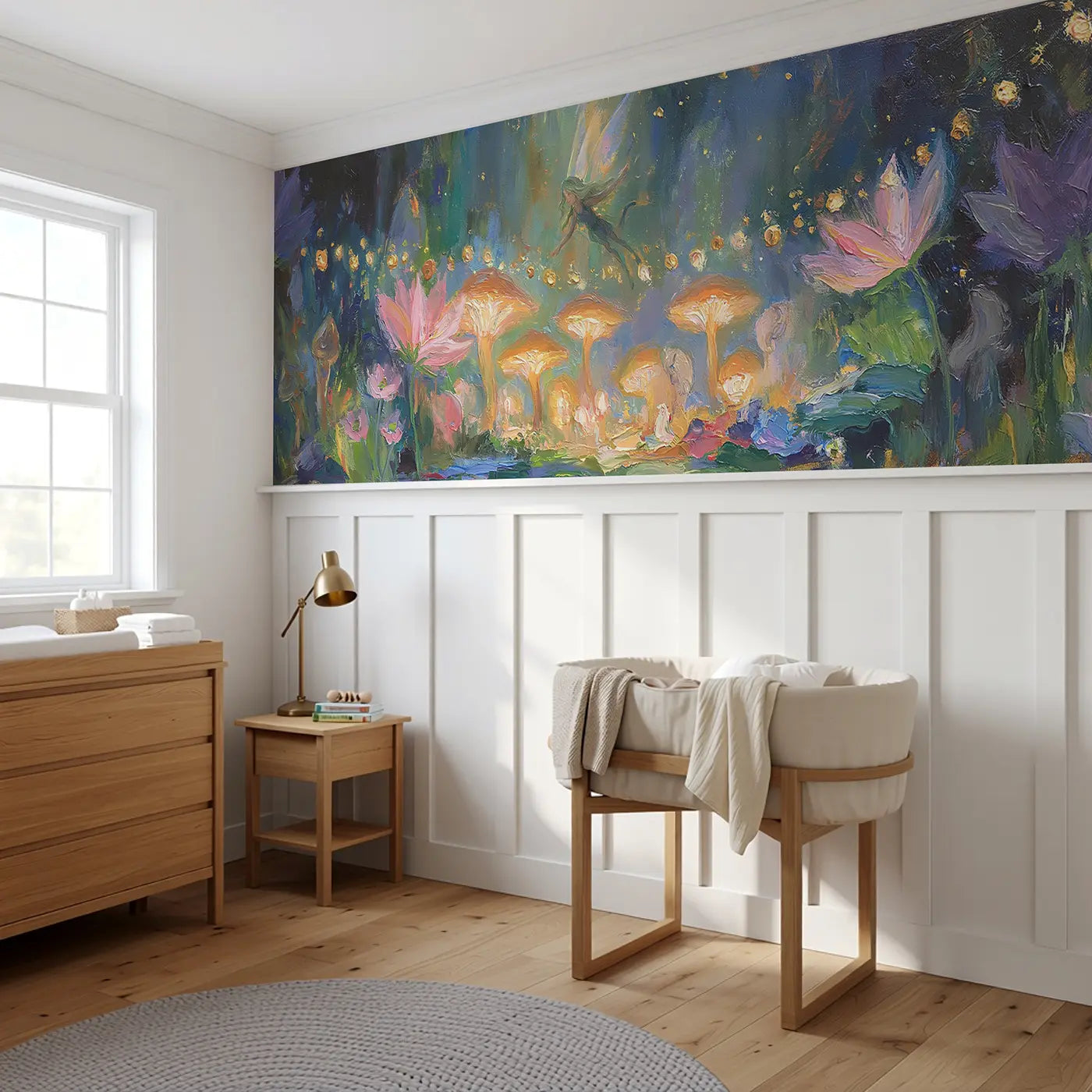 Fairy Garden Night Oil Wainscoting Wallpaper styled in a kids bedroom by Whimsy Tots