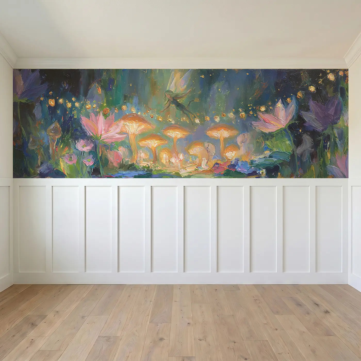 Full panel view of Fairy Garden Night Oil Wainscoting Wallpaper by Whimsy Tots