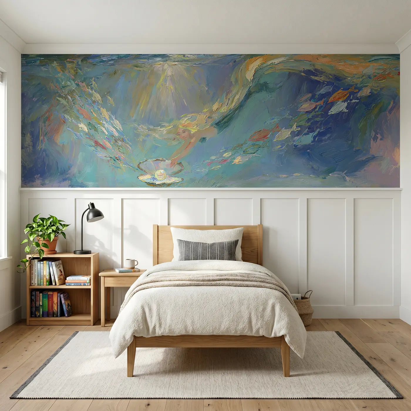 Painted Landscape mermaid pearl diving deep wainscoting wallpaper for bedroom by Whimsy Tots
