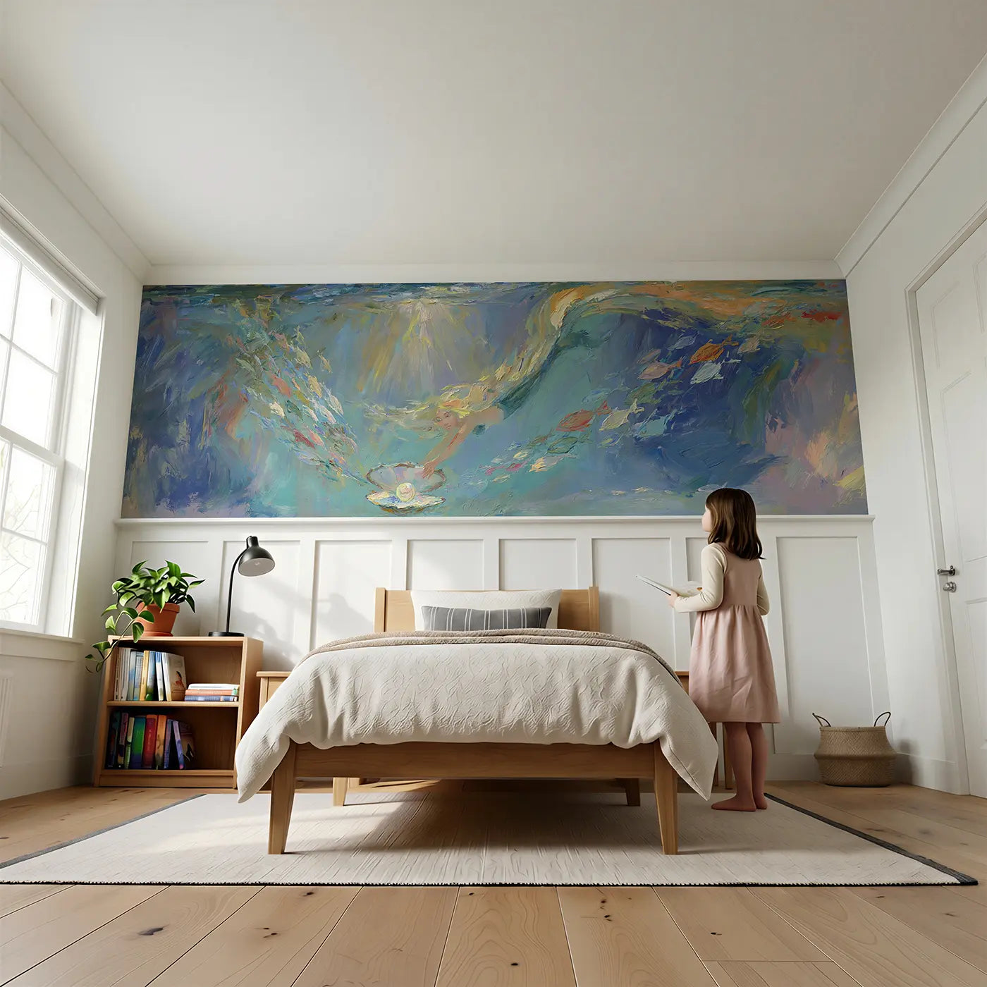 Child reading near Mermaid Pearl Diving Deep Wainscoting Wallpaper by Whimsy Tots