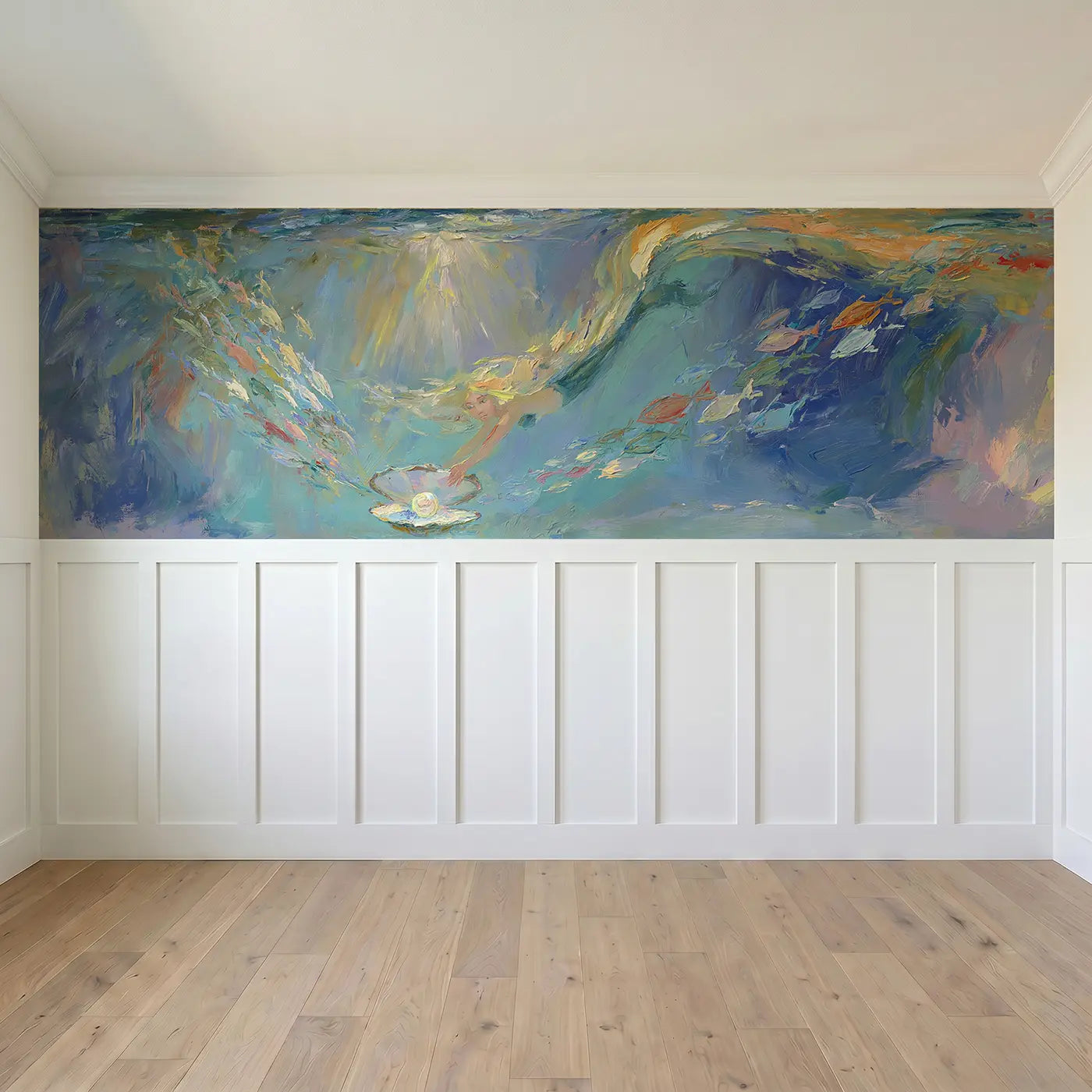 Full panel view of Mermaid Pearl Diving Deep Wainscoting Wallpaper by Whimsy Tots