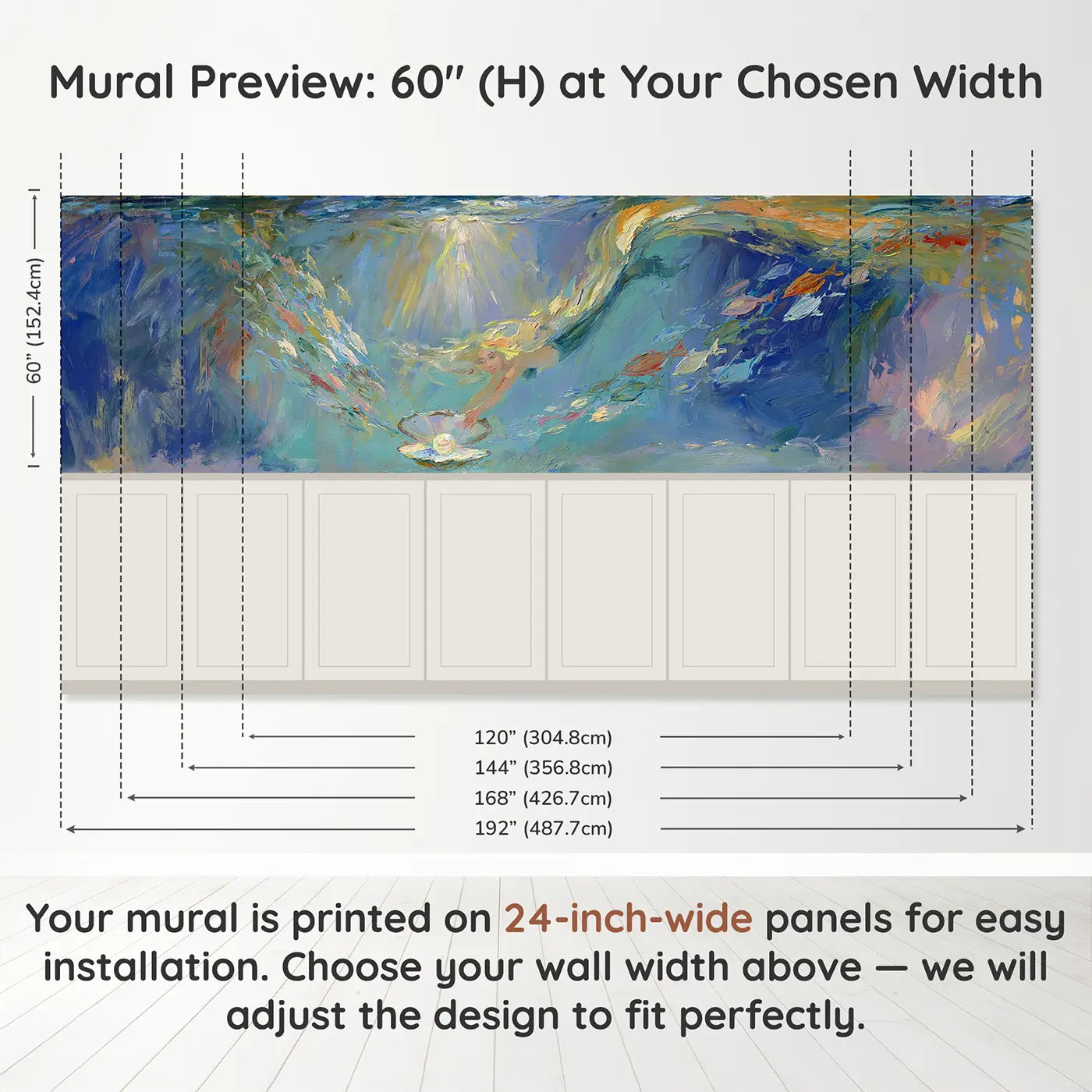 Panel dimensions for Mermaid Pearl Diving Deep Wainscoting Wallpaper by Whimsy Tots