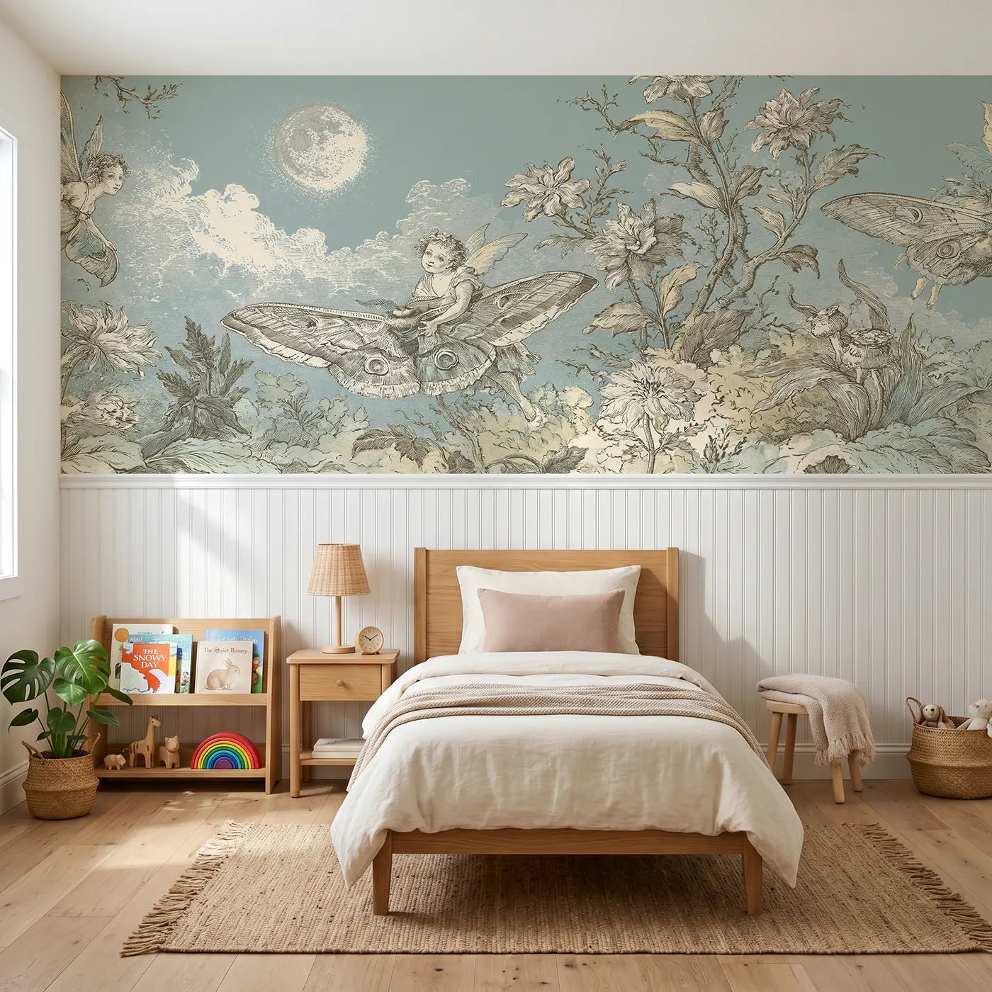 Botanical Elegance fairy moth night garden toile wainscoting wallpaper for nursery by Whimsy Tots