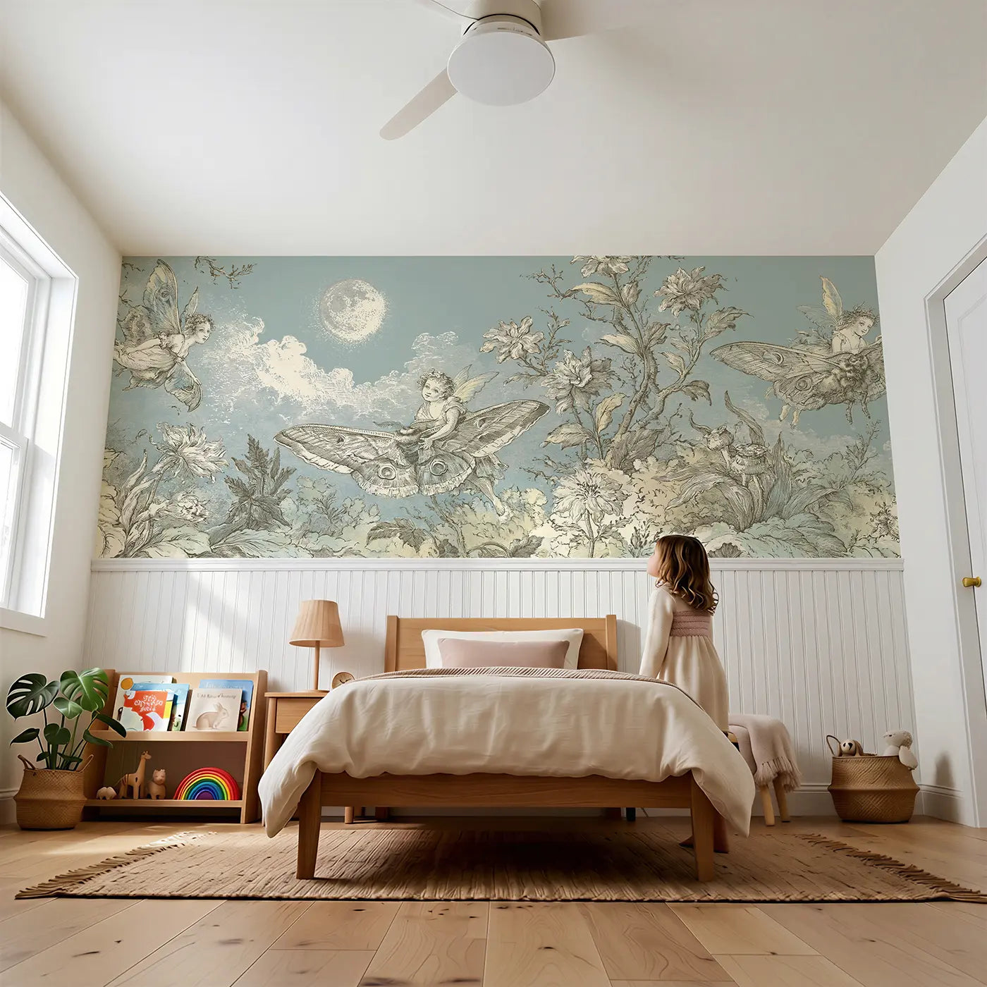 Child reading near Fairy Moth Night Garden Toile Wainscoting Wallpaper by Whimsy Tots