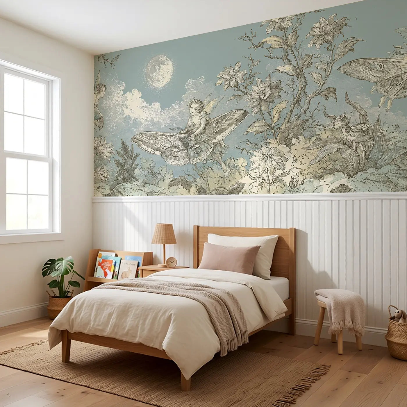 Fairy Moth Night Garden Toile Wainscoting Wallpaper styled in a kids bedroom by Whimsy Tots