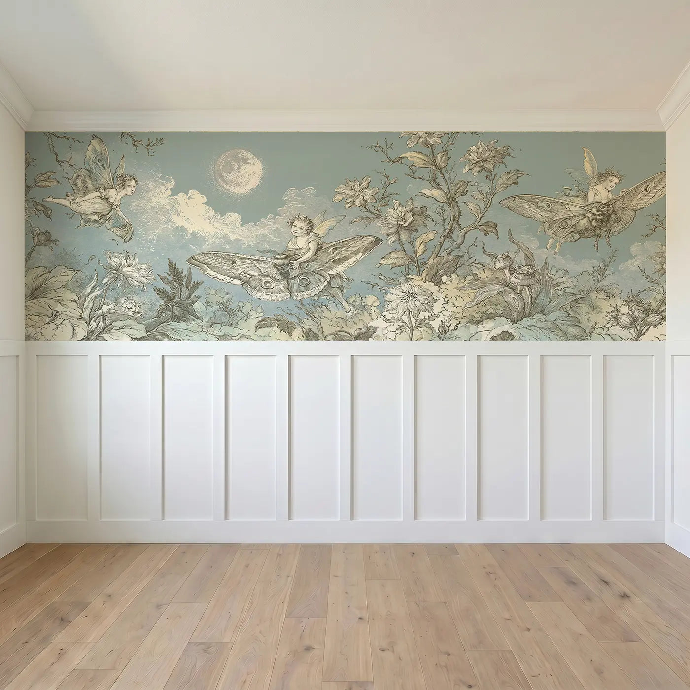 Full panel view of Fairy Moth Night Garden Toile Wainscoting Wallpaper by Whimsy Tots