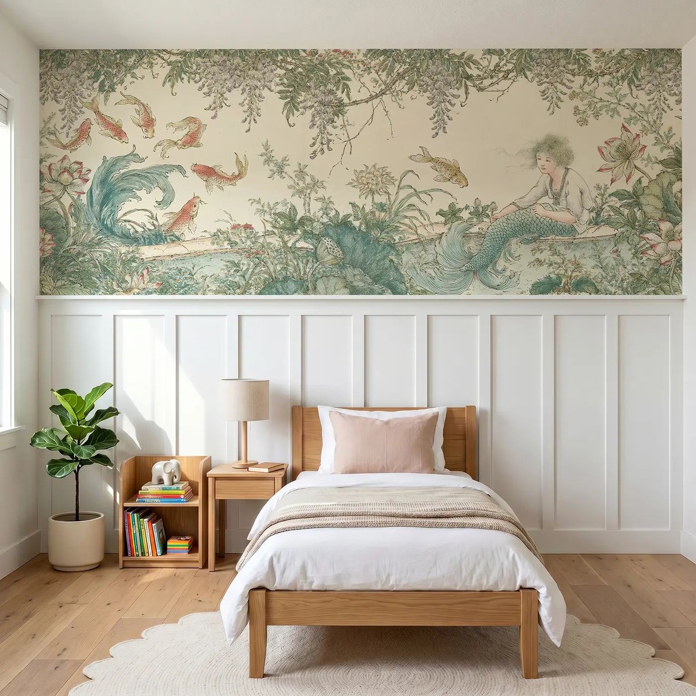 Botanical Elegance mermaid koi pond toile wainscoting wallpaper for nursery by Whimsy Tots