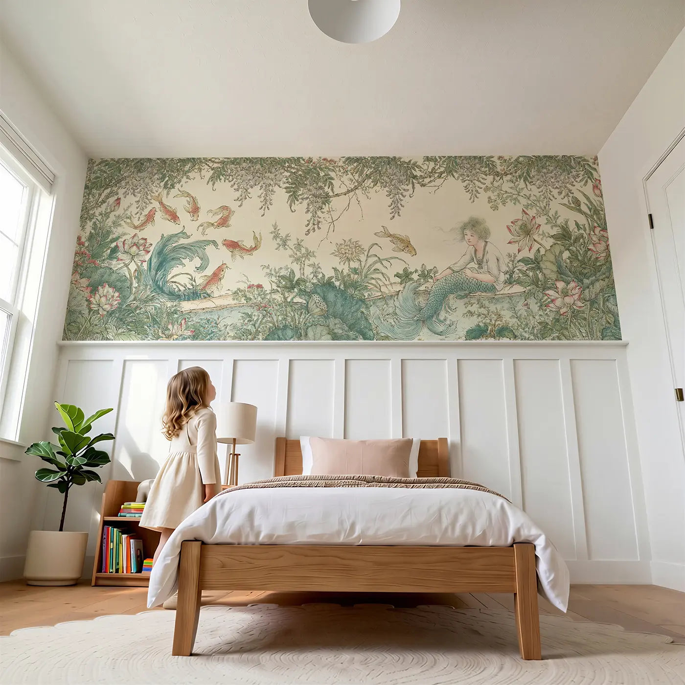 Child reading near Mermaid Koi Pond Toile Wainscoting Wallpaper by Whimsy Tots