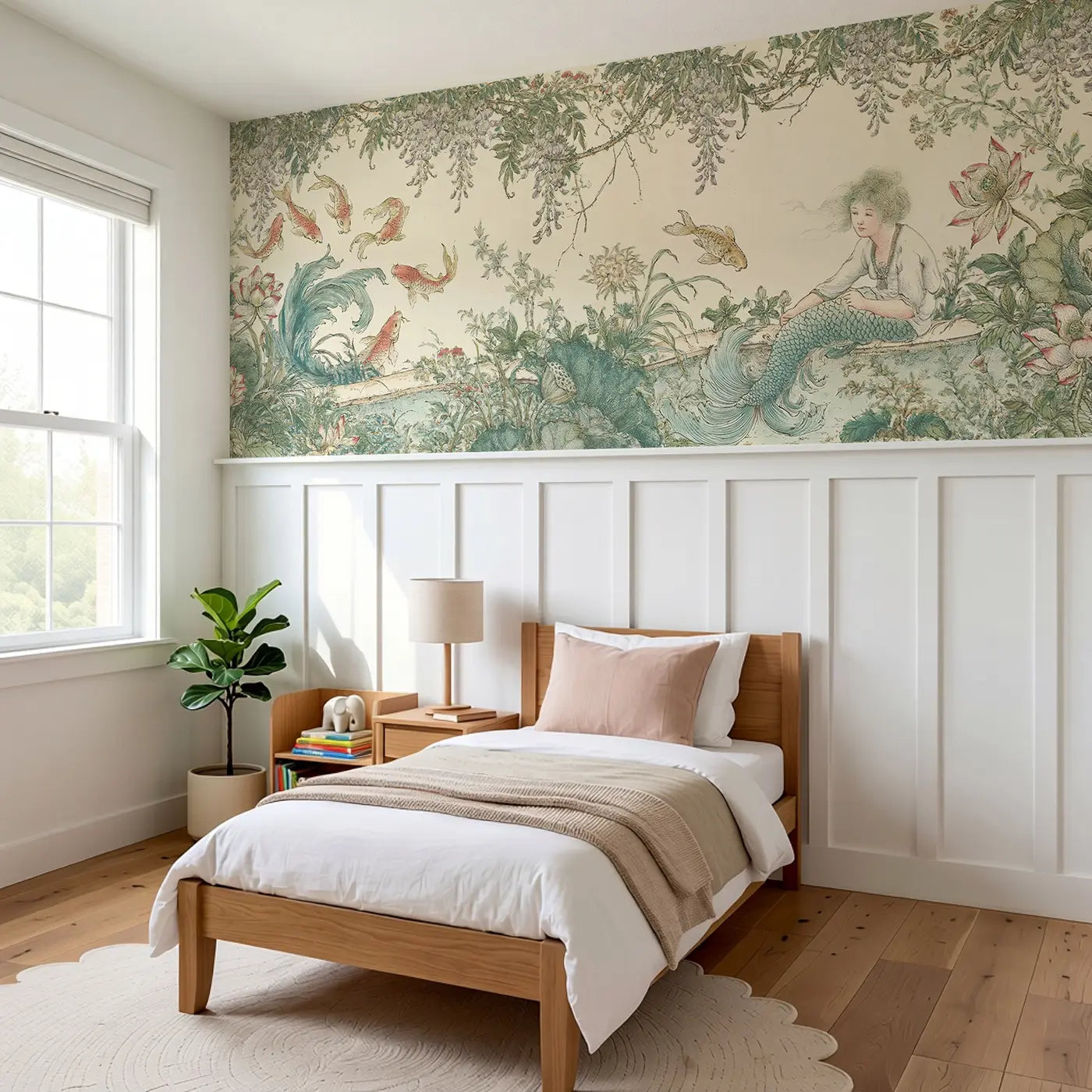 Mermaid Koi Pond Toile Wainscoting Wallpaper styled in a kids bedroom by Whimsy Tots