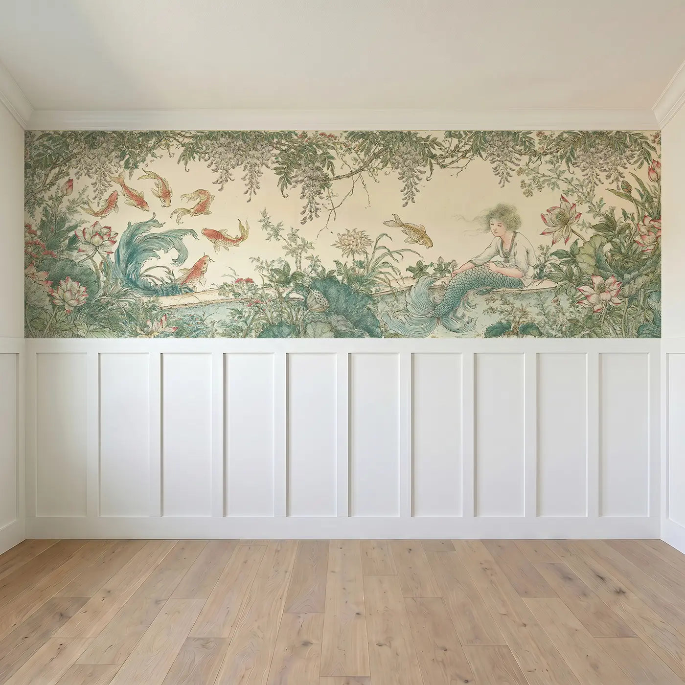 Full panel view of Mermaid Koi Pond Toile Wainscoting Wallpaper by Whimsy Tots
