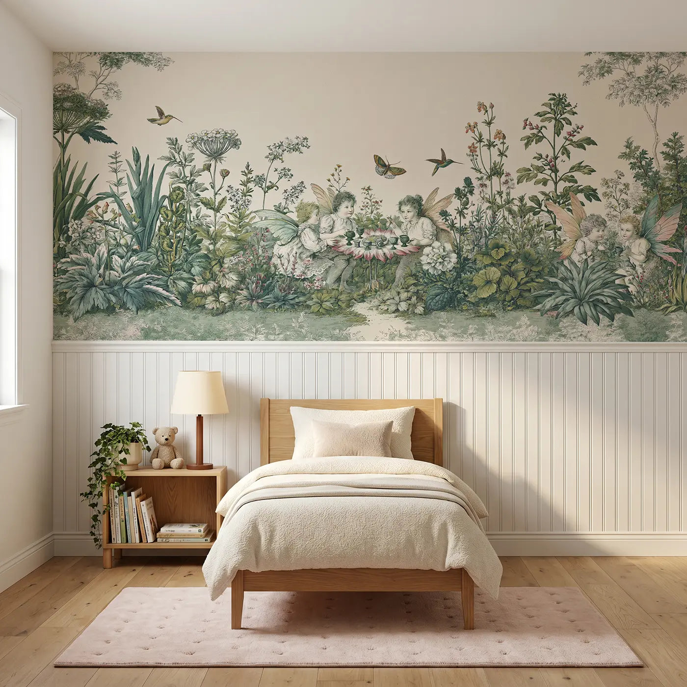 Botanical Elegance fairy tea garden wainscoting wallpaper for nursery by Whimsy Tots