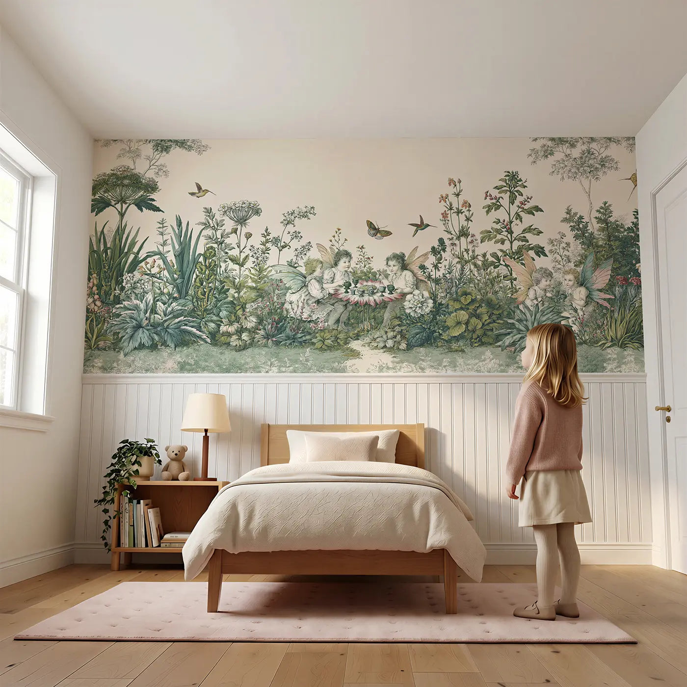 Child reading near Fairy Botanical Tea Garden Wainscoting Wallpaper by Whimsy Tots
