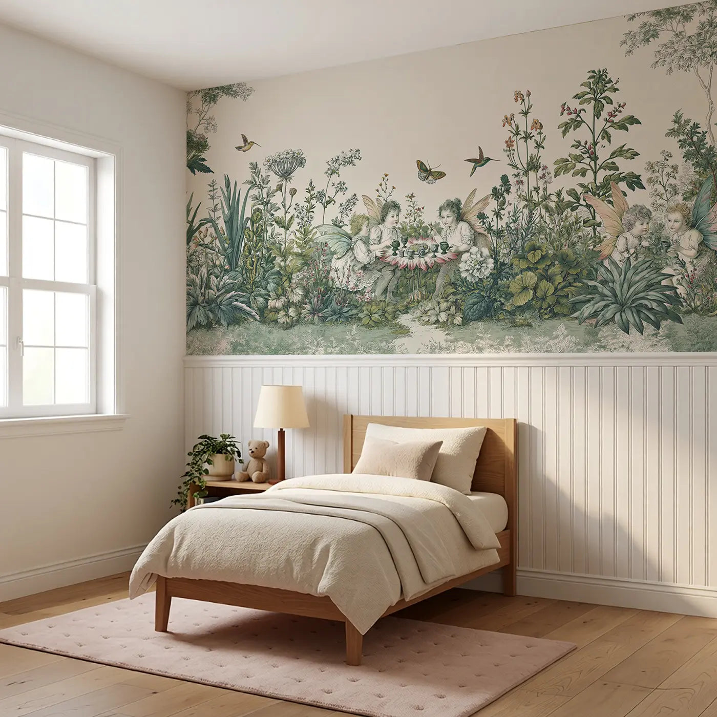 Fairy Botanical Tea Garden Wainscoting Wallpaper styled in a kids bedroom by Whimsy Tots