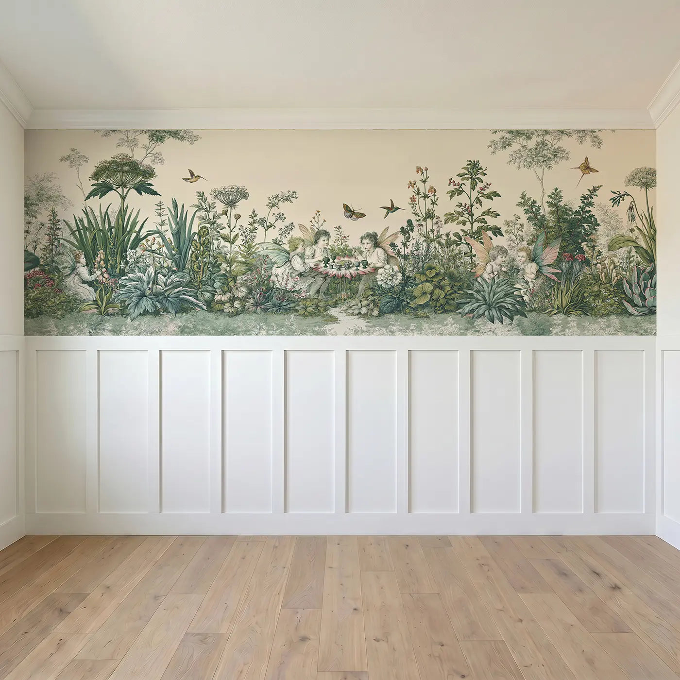 Full panel view of Fairy Botanical Tea Garden Wainscoting Wallpaper by Whimsy Tots