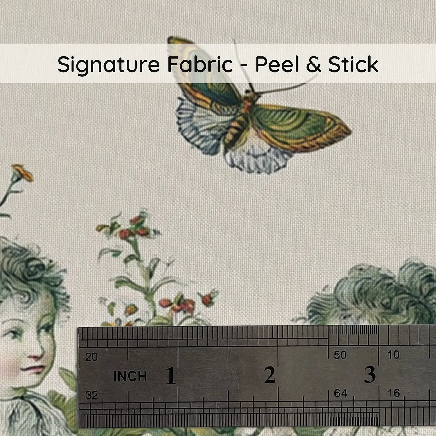Fabric texture close-up of Fairy Botanical Tea Garden Wainscoting Wallpaper by Whimsy Tots