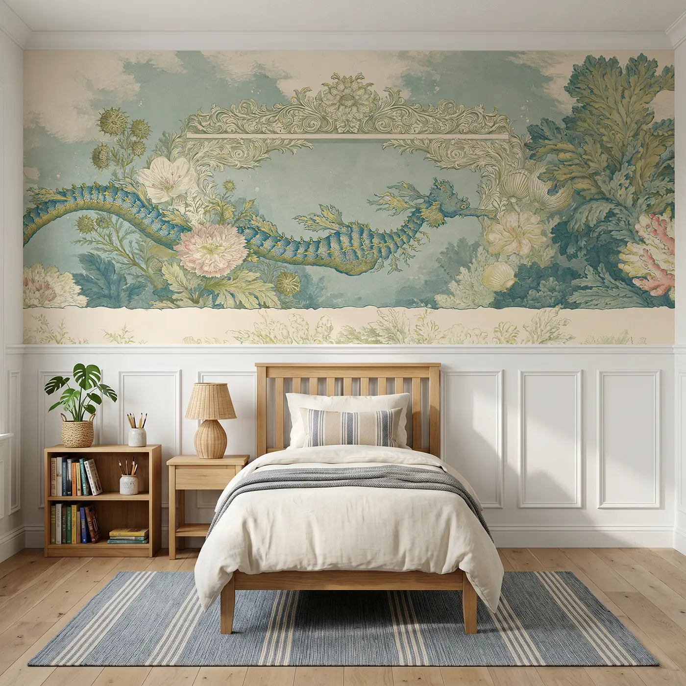 Botanical Elegance sea dragon coral gate wainscoting wallpaper for bedroom by Whimsy Tots