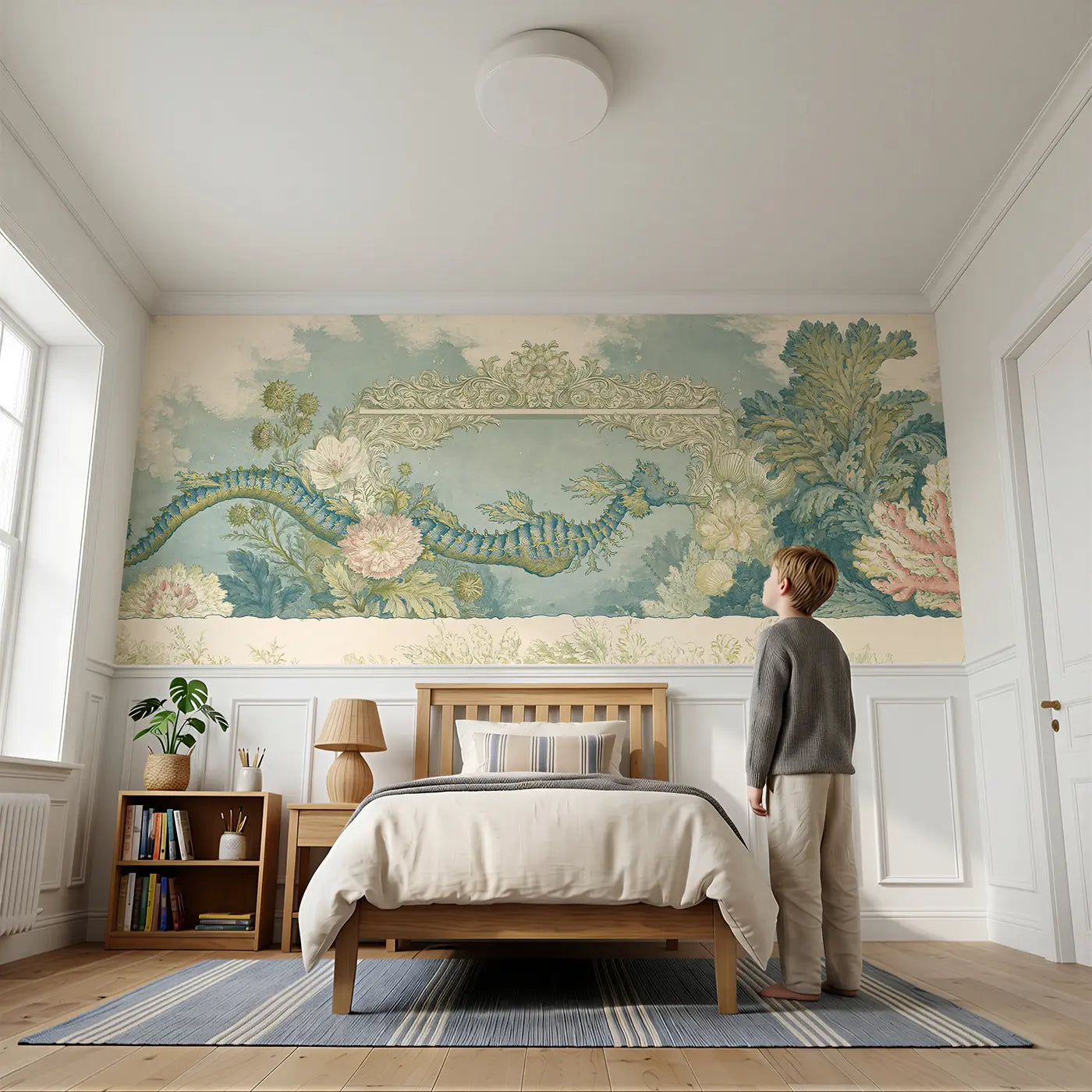 Child reading near Sea Dragon Coral Gate Wainscoting Wallpaper by Whimsy Tots