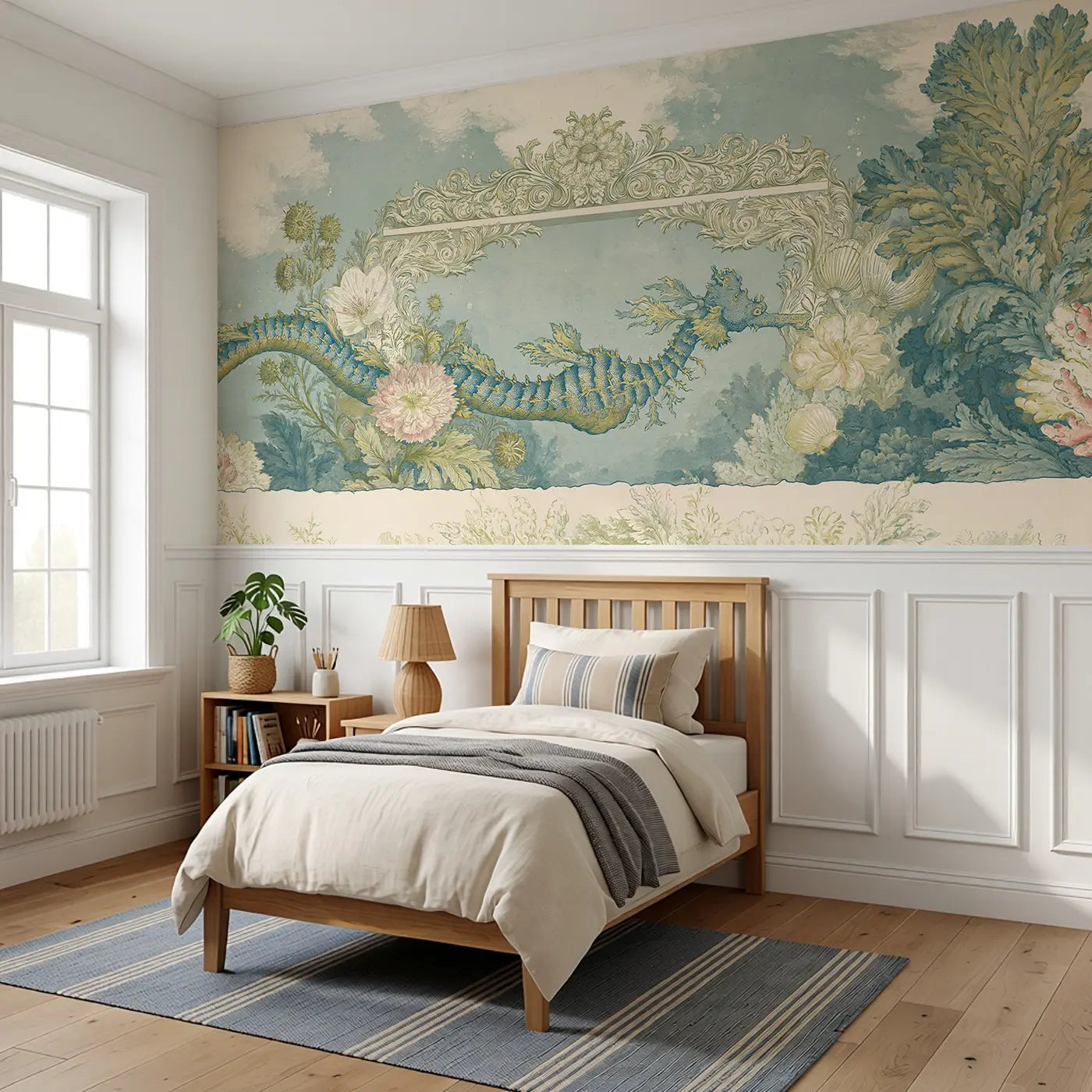 Sea Dragon Coral Gate Wainscoting Wallpaper styled in a kids bedroom by Whimsy Tots
