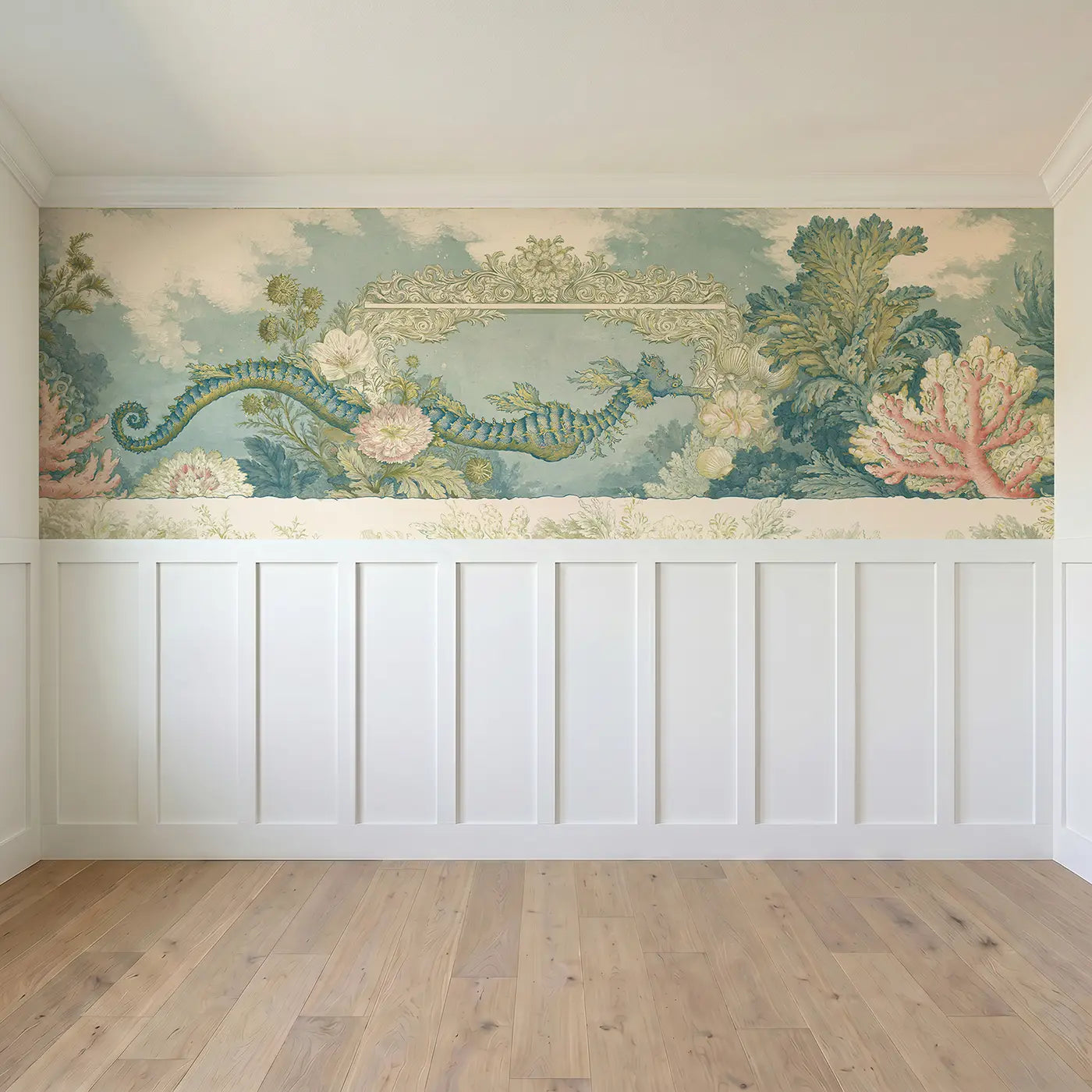 Full panel view of Sea Dragon Coral Gate Wainscoting Wallpaper by Whimsy Tots