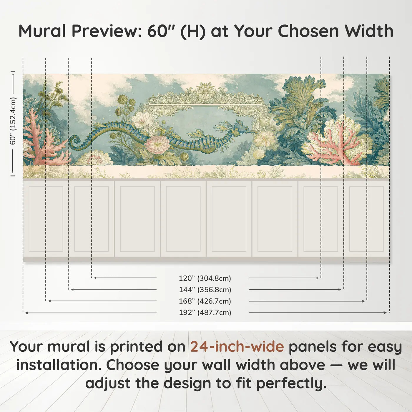 Panel dimensions for Sea Dragon Coral Gate Wainscoting Wallpaper by Whimsy Tots