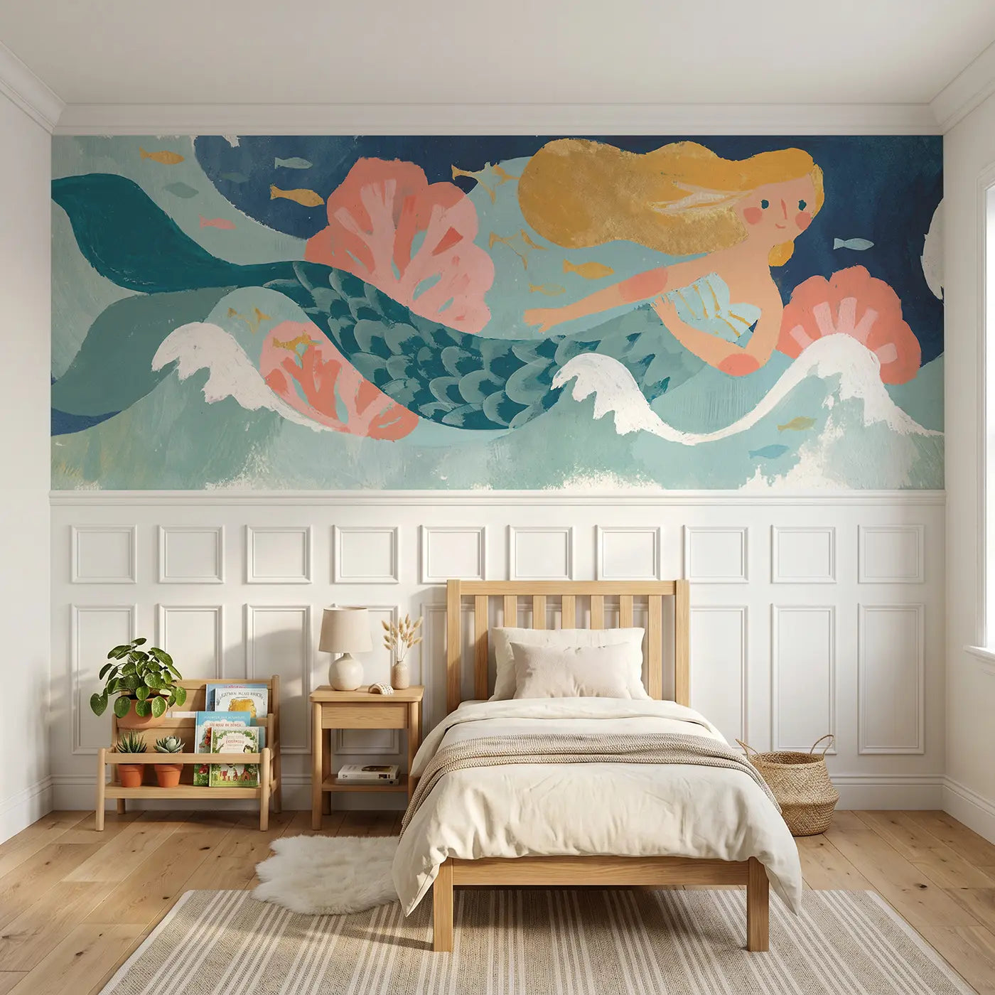 Modern Illustration graphic mermaid ocean wainscoting wallpaper for nursery by Whimsy Tots