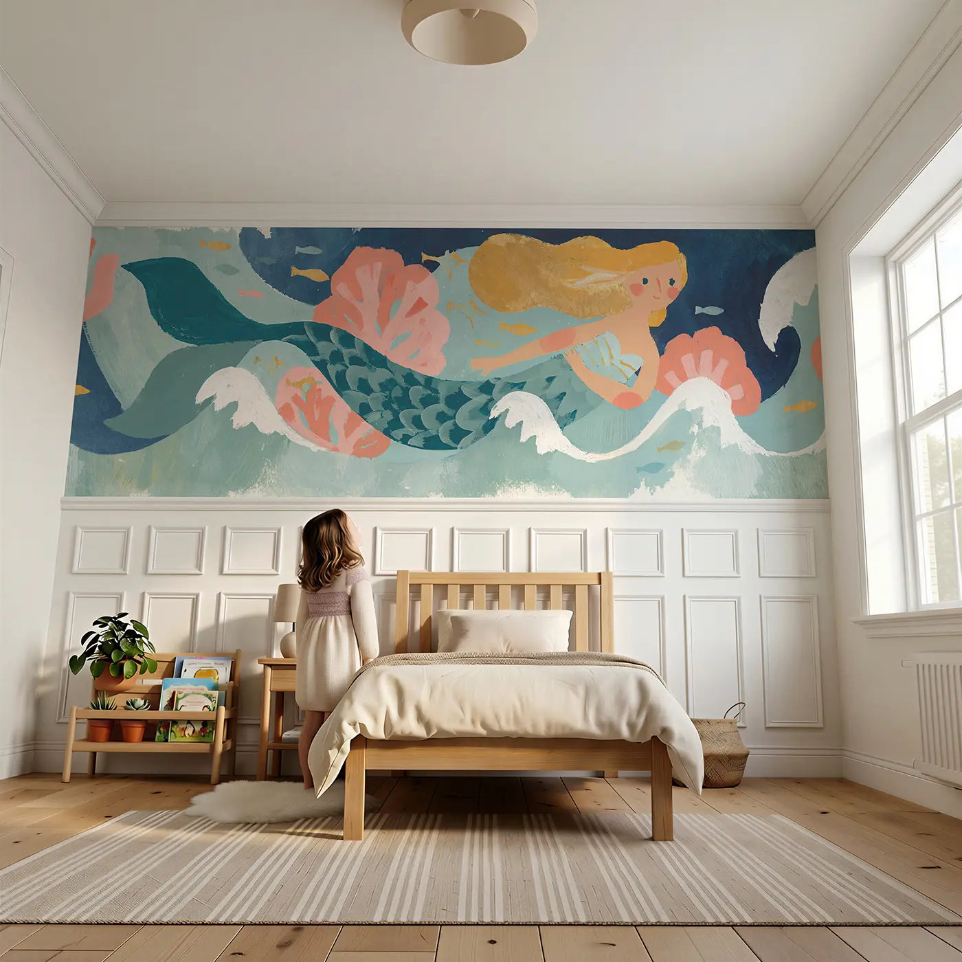 Child reading near Graphic Mermaid Ocean Wainscoting Wallpaper by Whimsy Tots