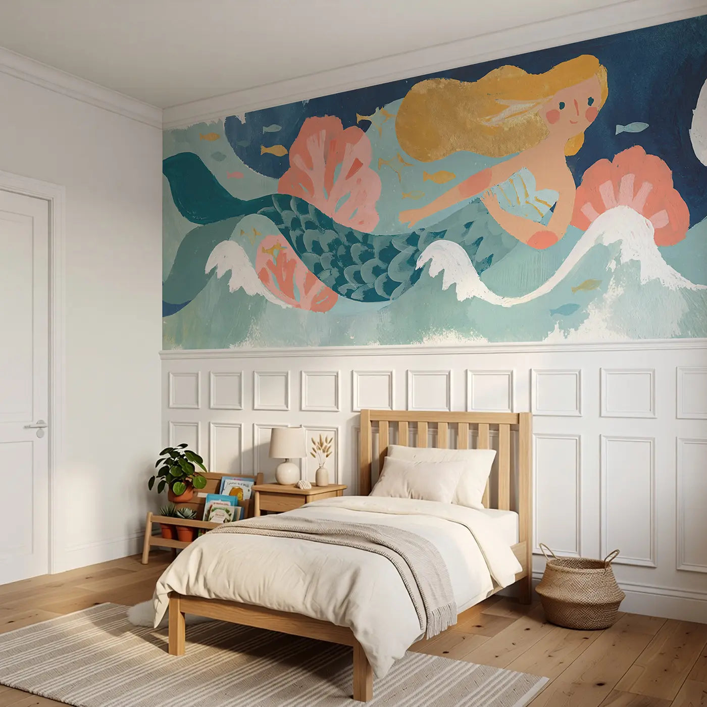 Graphic Mermaid Ocean Wainscoting Wallpaper styled in a kids bedroom by Whimsy Tots