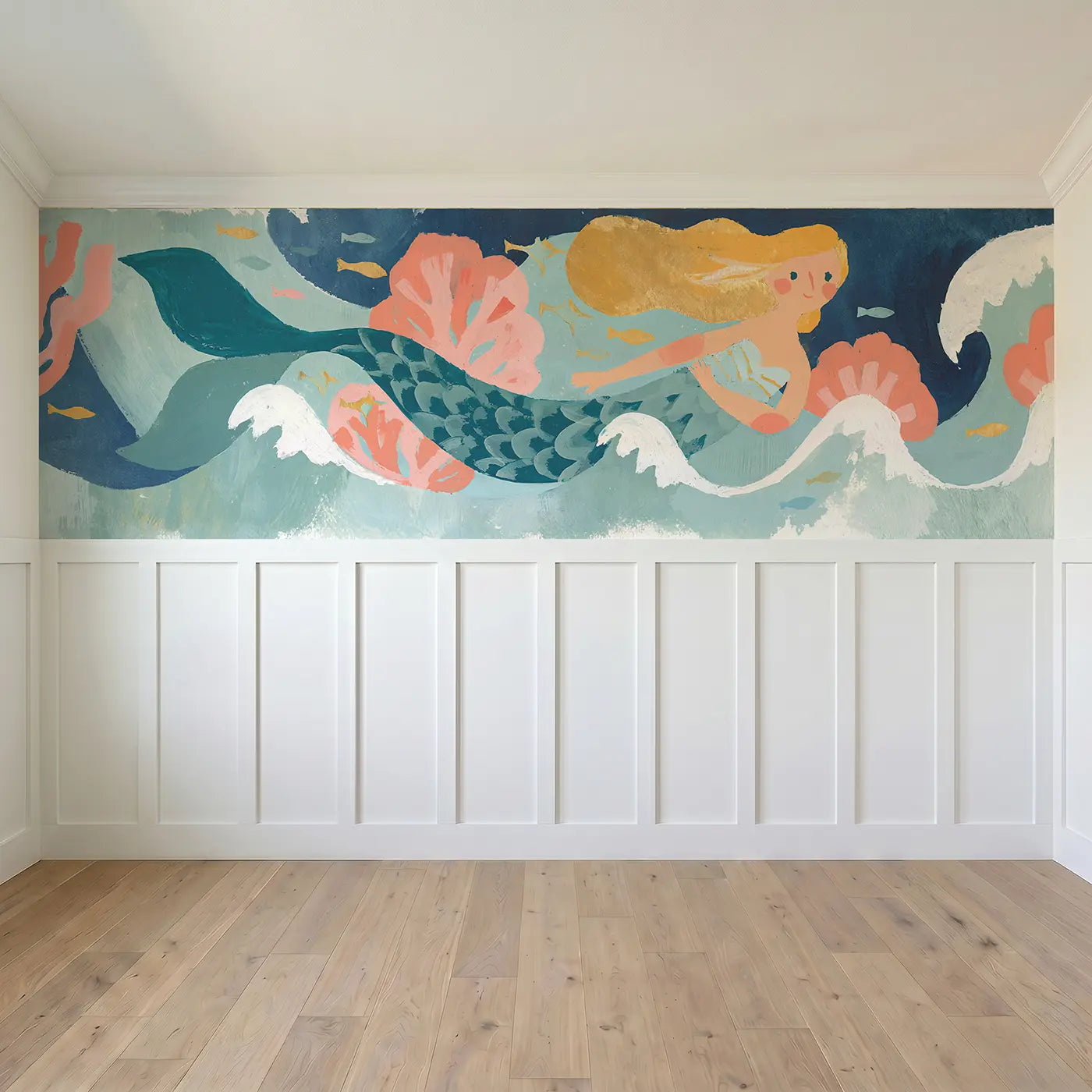 Full panel view of Graphic Mermaid Ocean Wainscoting Wallpaper by Whimsy Tots